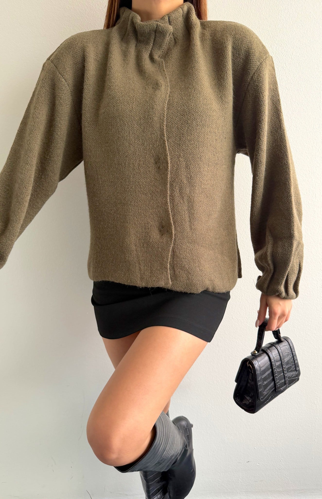 Örgü Çıtçıtlı Bomber Hırka HAKİ