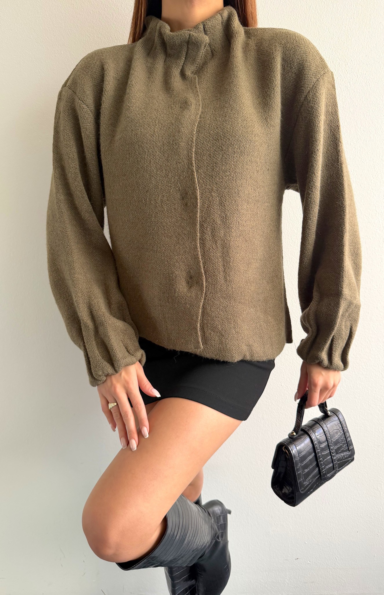 Örgü Çıtçıtlı Bomber Hırka HAKİ