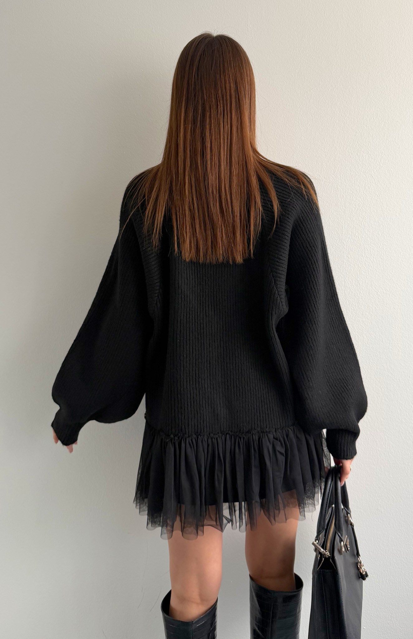 Tül Garnili Oversize Hırka SİYAH