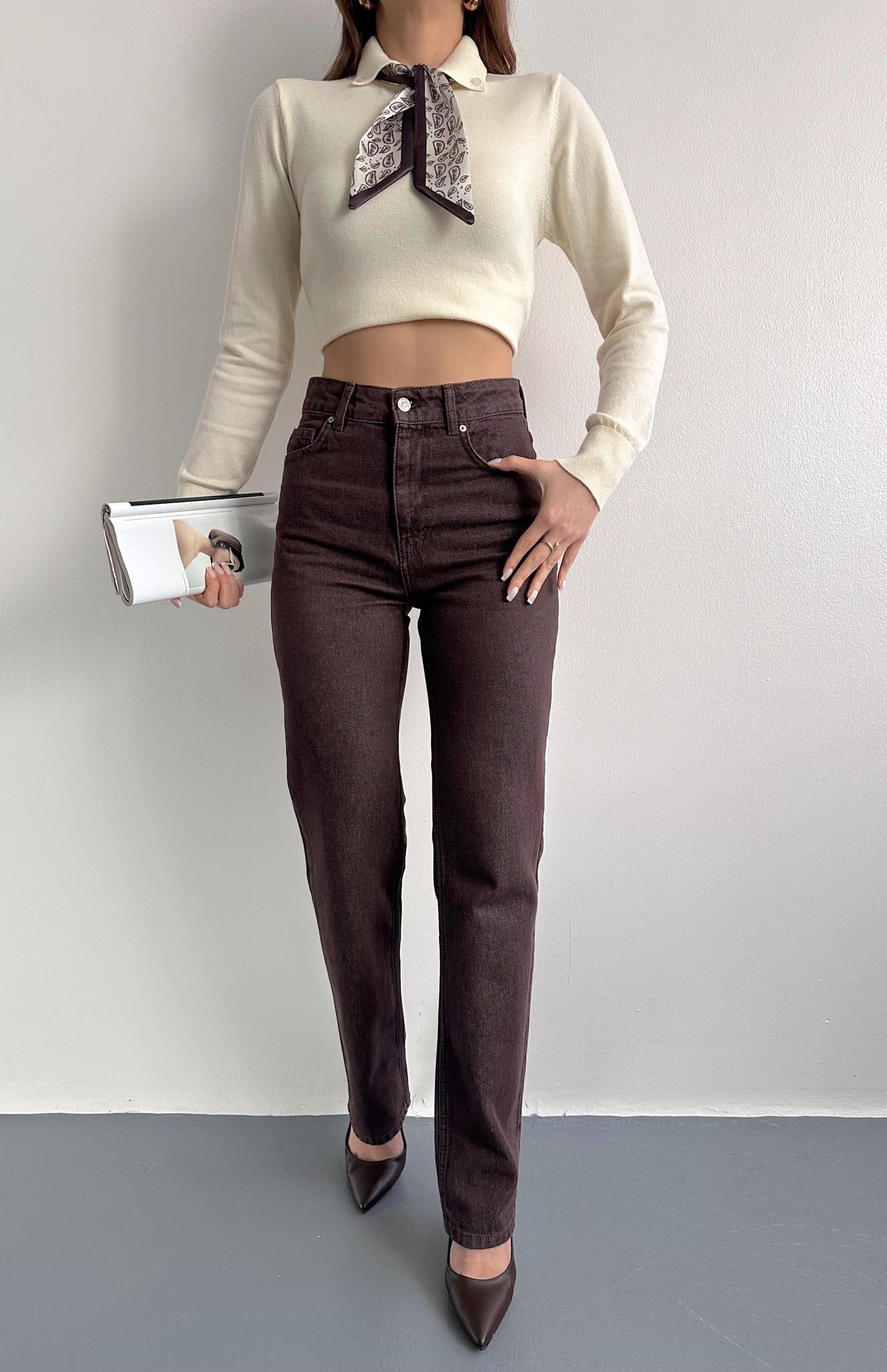 Renkli Denim Stright Pantolon KAHVERENGİ