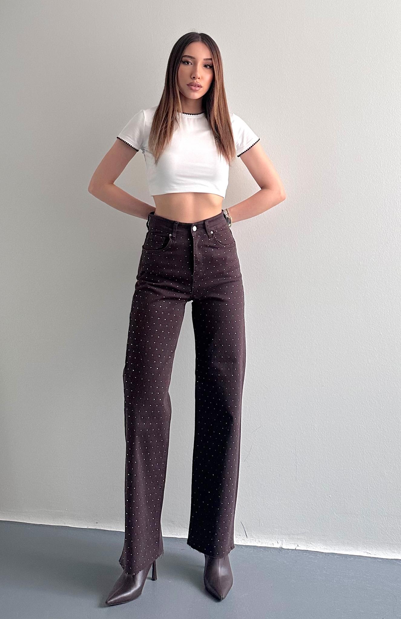 Taşlı Bol Paça Pantolon KAHVERENGİ