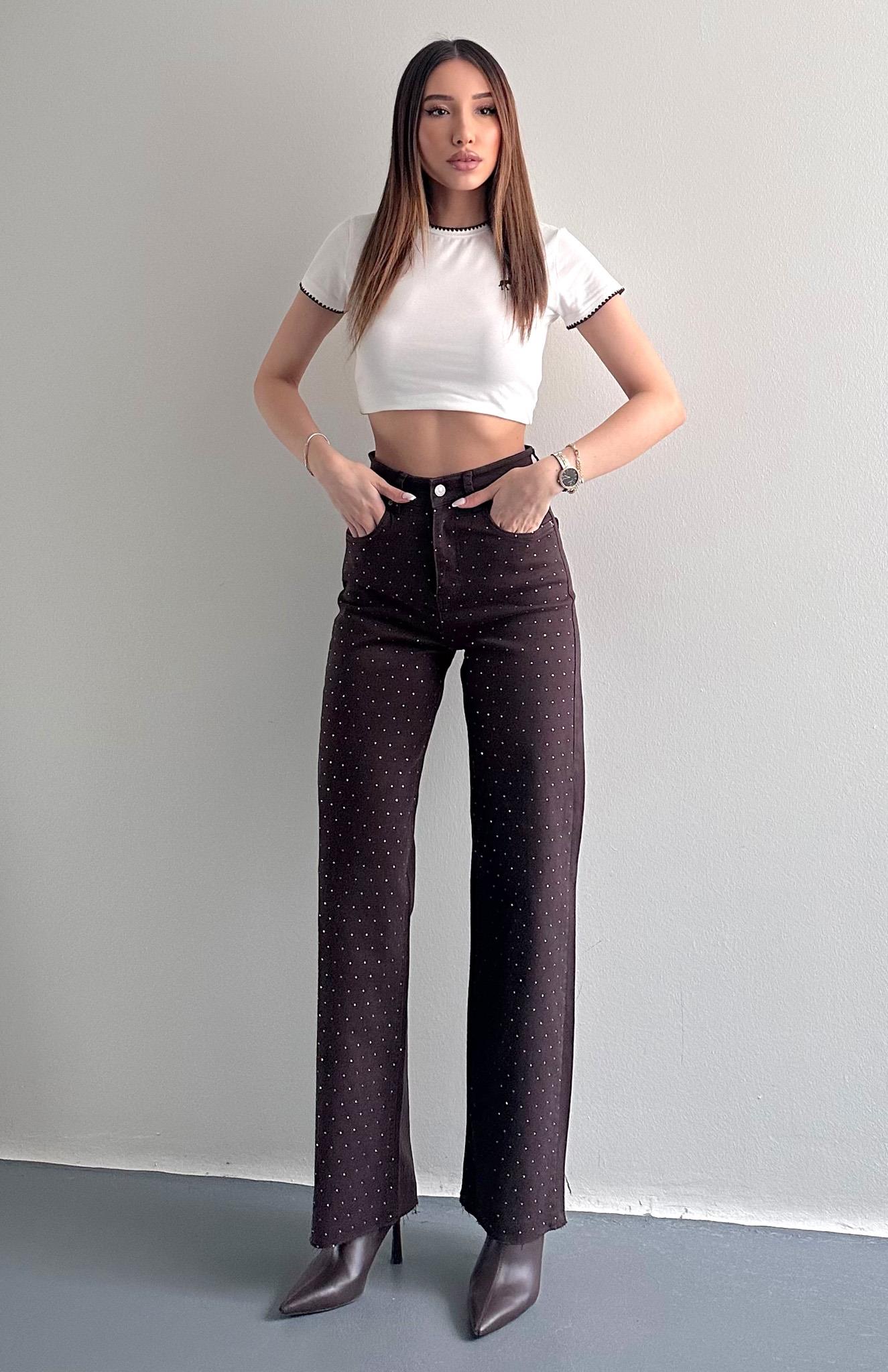 Taşlı Bol Paça Pantolon KAHVERENGİ