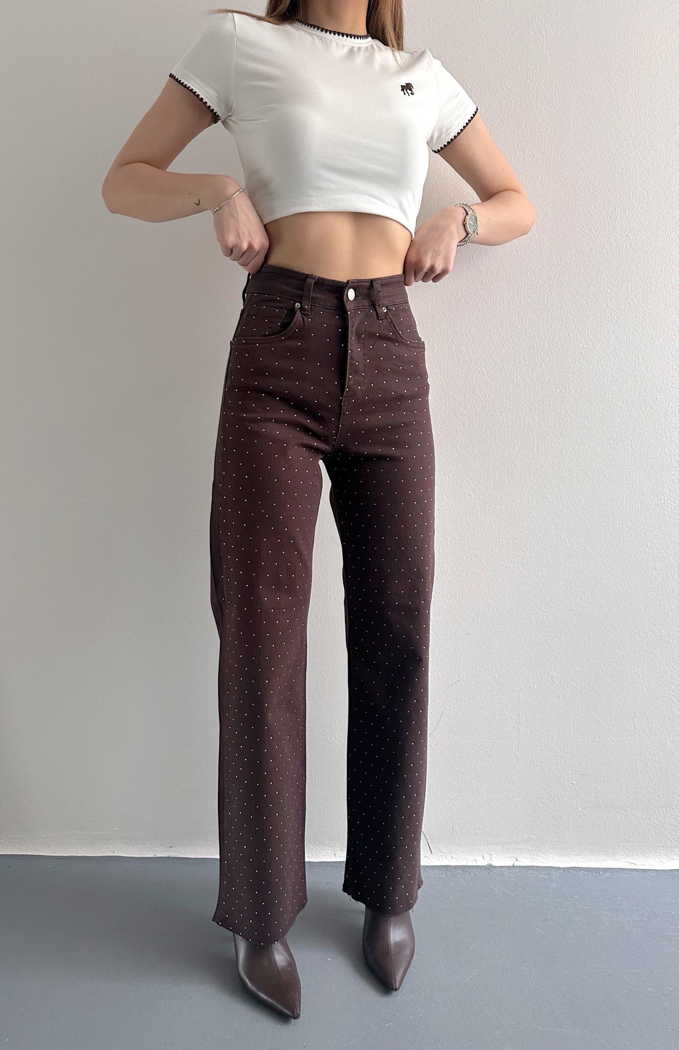 Taşlı Bol Paça Pantolon KAHVERENGİ