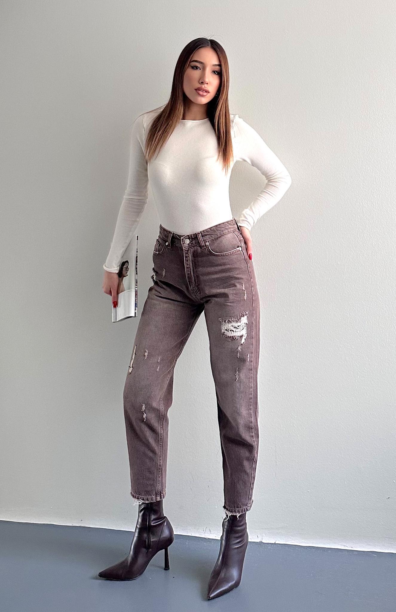 Yırtık Detaylı Denim Pantolon KAHVERENGİ
