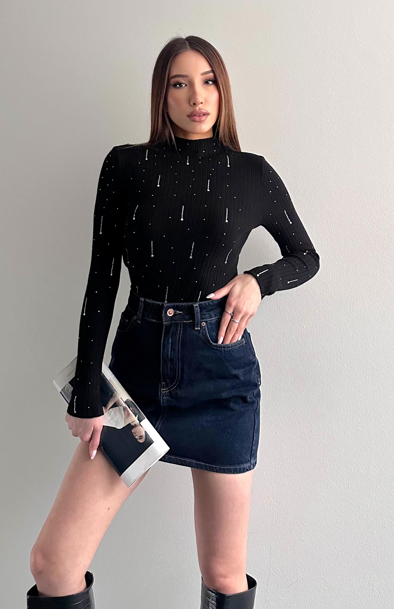 Damla Parlak Taşlı Elitli Kazak SİYAH