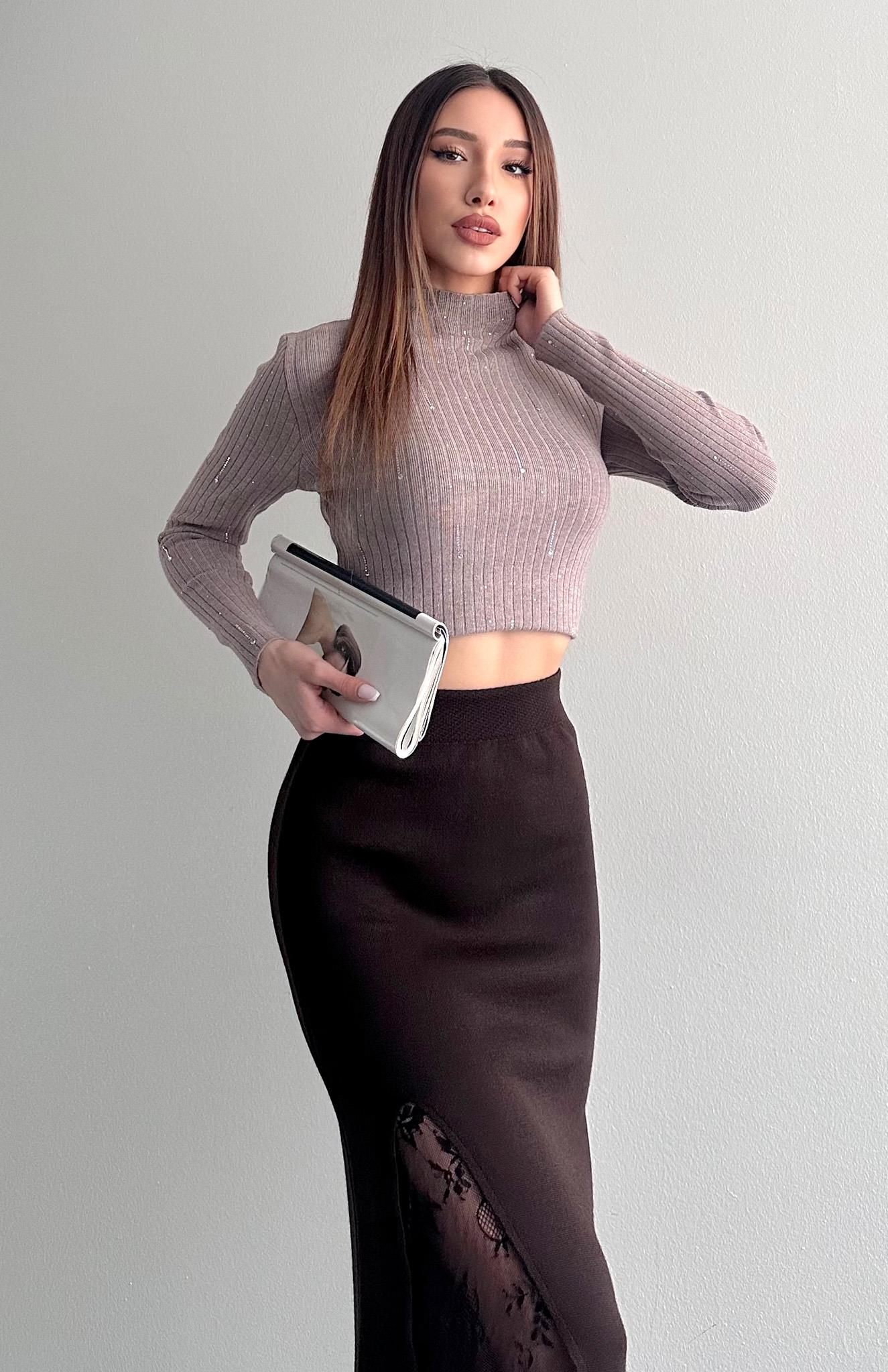 Damla Parlak Taşlı Elitli Kazak VİZON