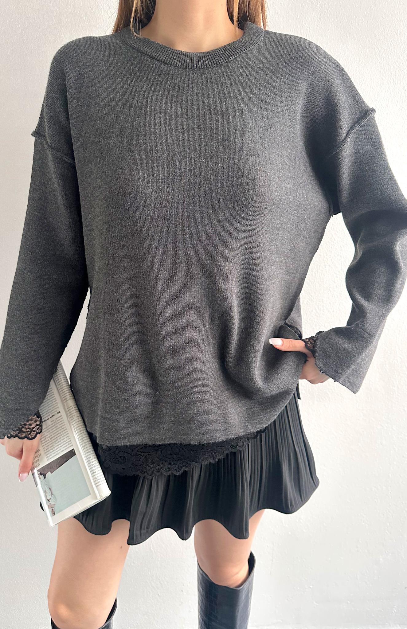 Dantel Detaylı Oversize Kazak ANTRASİT