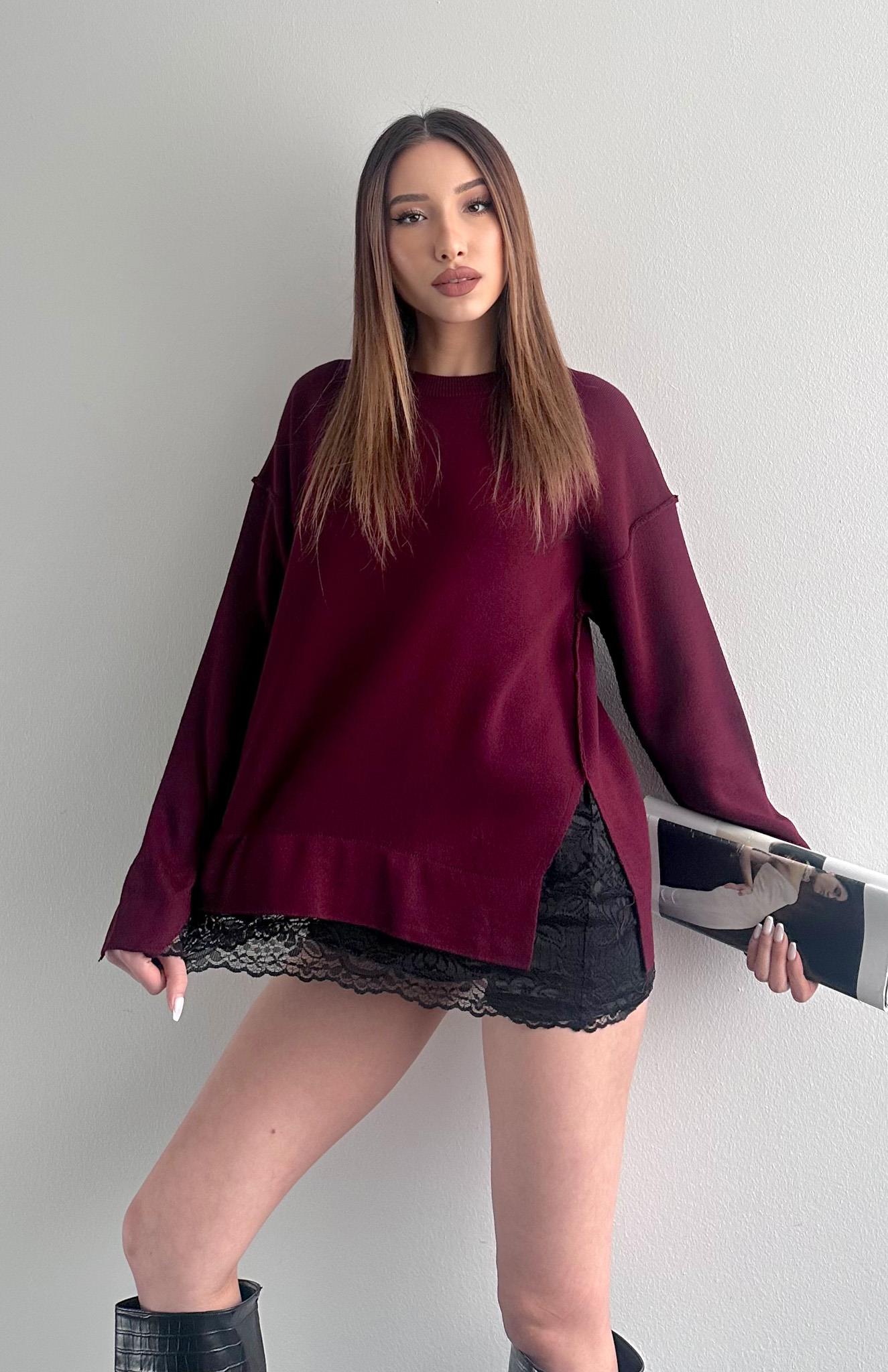 Dantel Detaylı Oversize Kazak BORDO