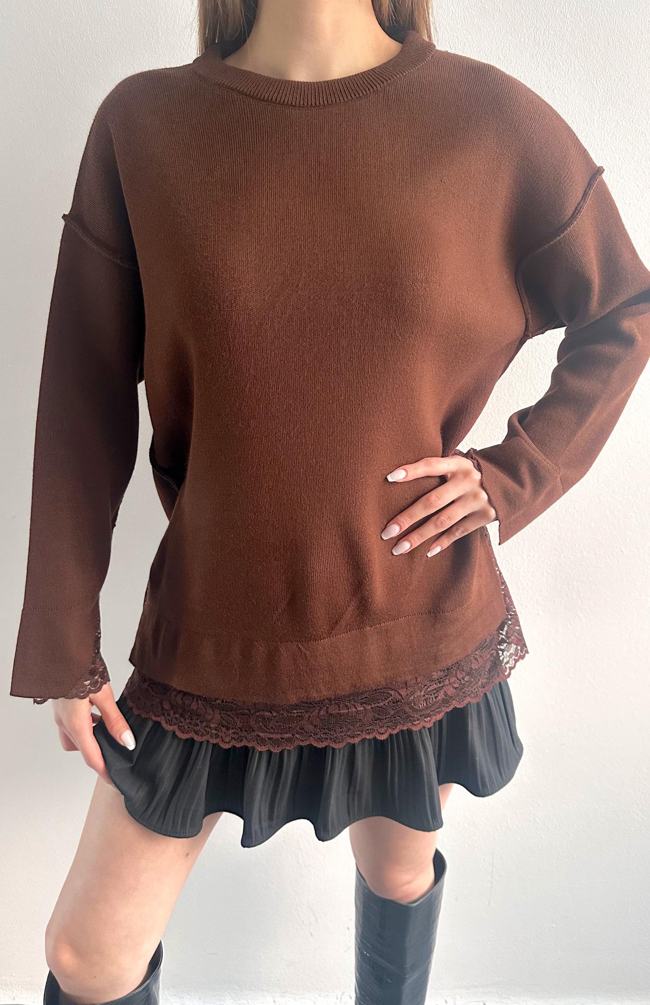 Dantel Detaylı Oversize Kazak KAHVERENGİ