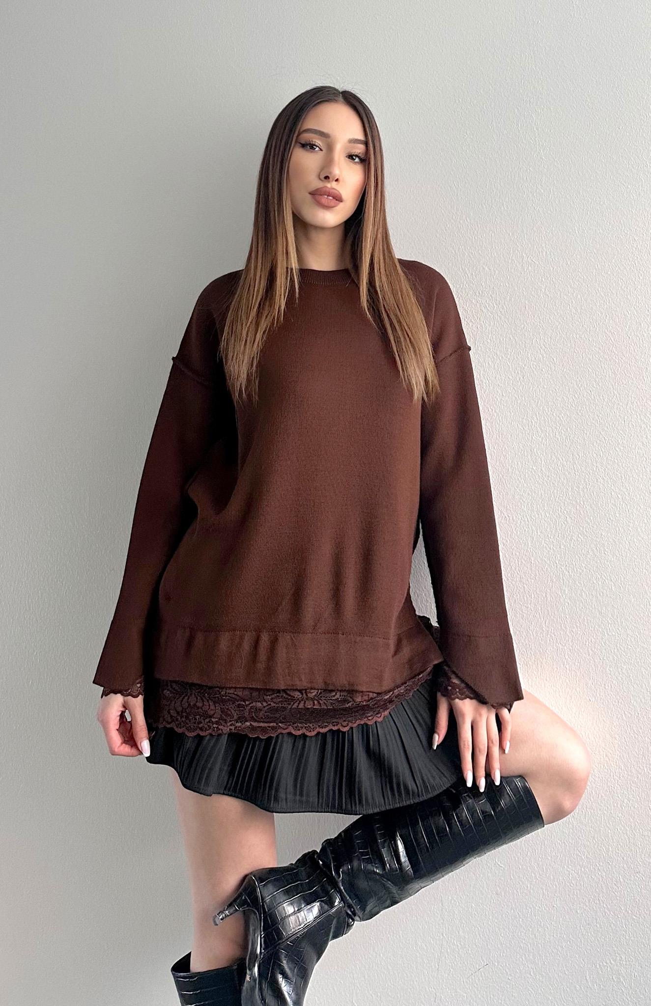 Dantel Detaylı Oversize Kazak KAHVERENGİ