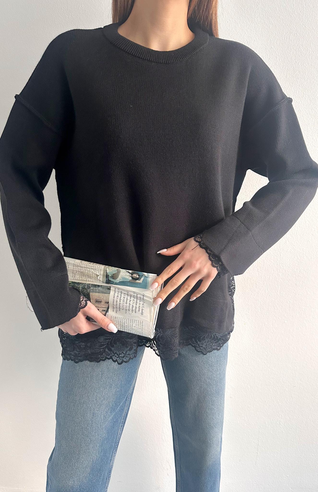 Dantel Detaylı Oversize Kazak SİYAH