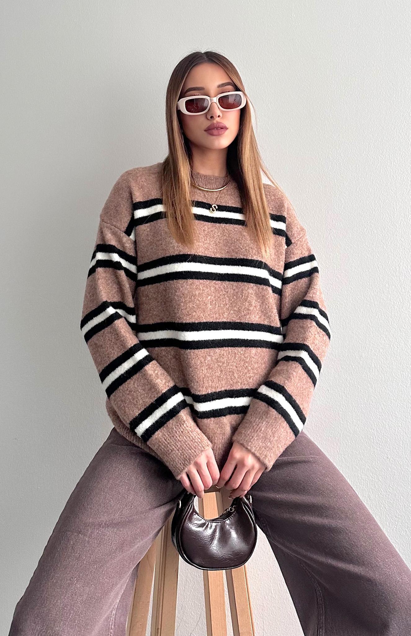 Renkli Çizgili Oversize Kazak VİZON