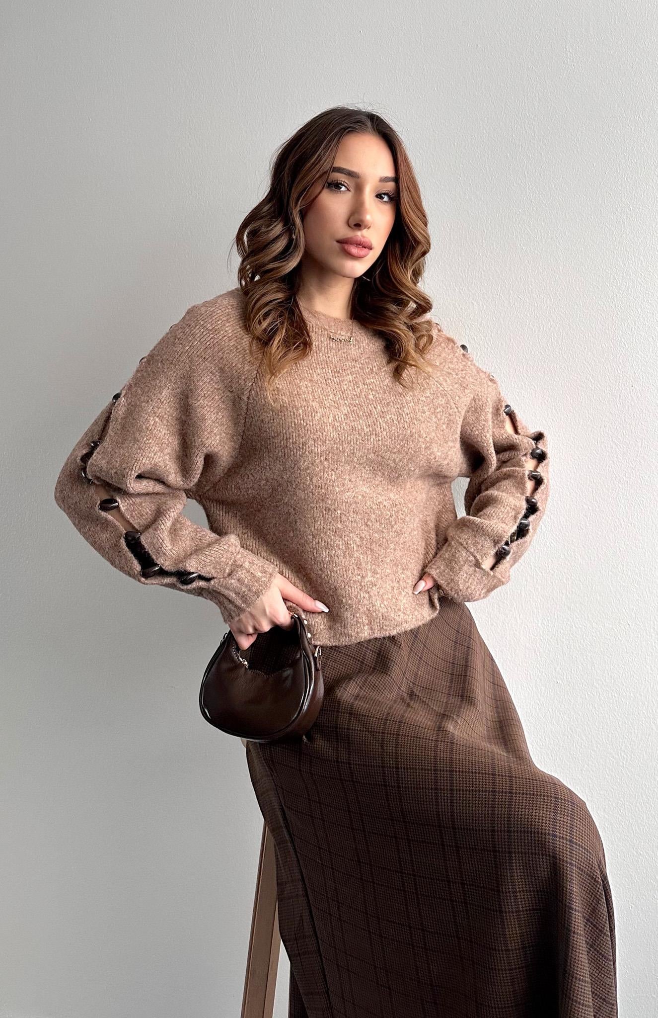 Yün Karişimlı Aksesuar Detaylı Triko Kazak CAMEL