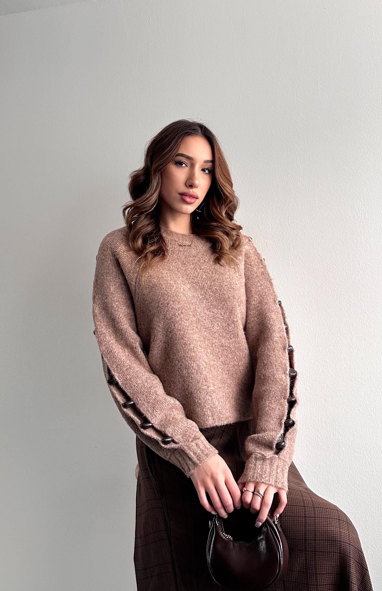 Yün Karişimlı Aksesuar Detaylı Triko Kazak CAMEL