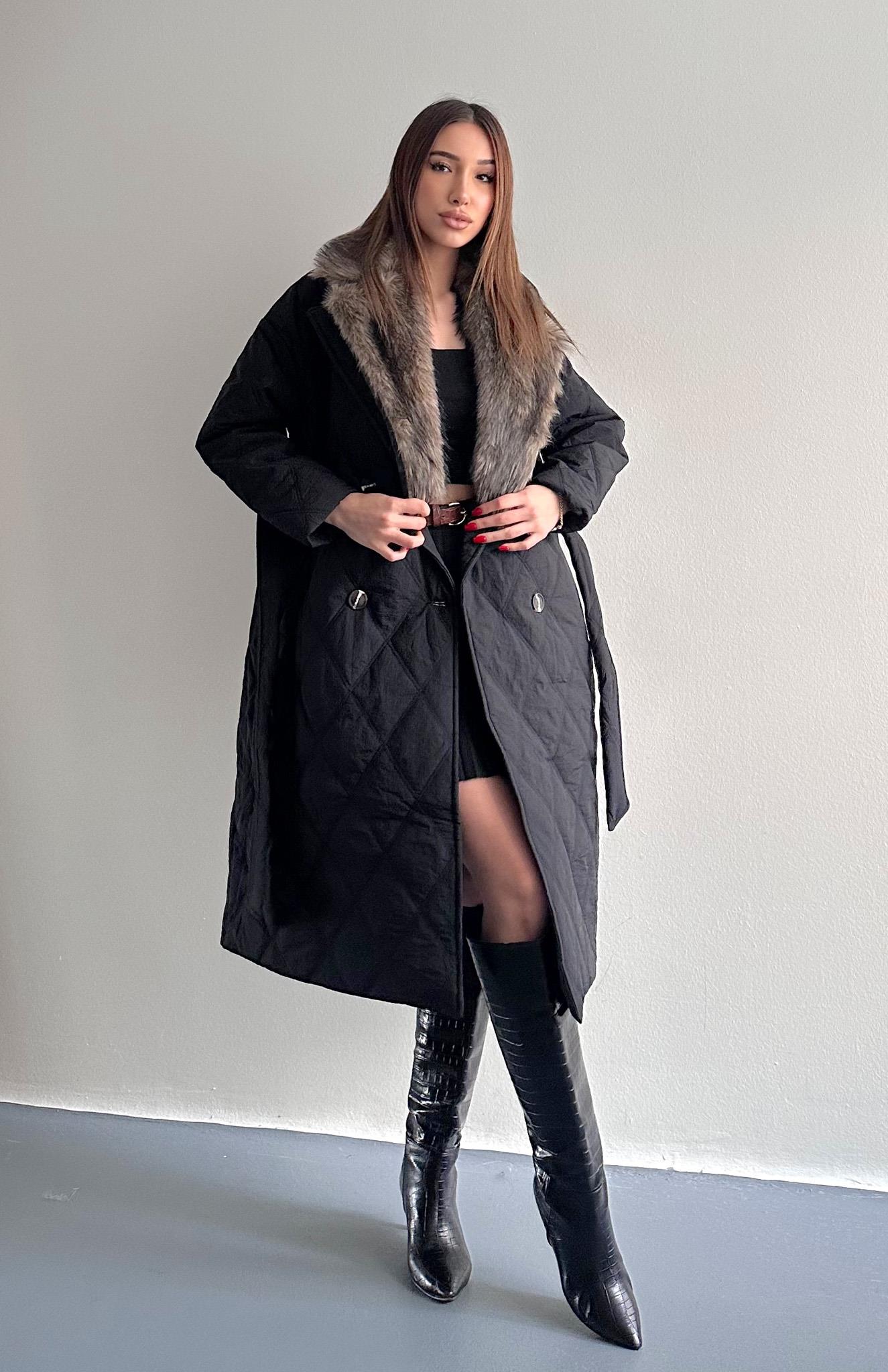 Baklava Kapitone Çikma Kürk Yakalı Mony SİYAH