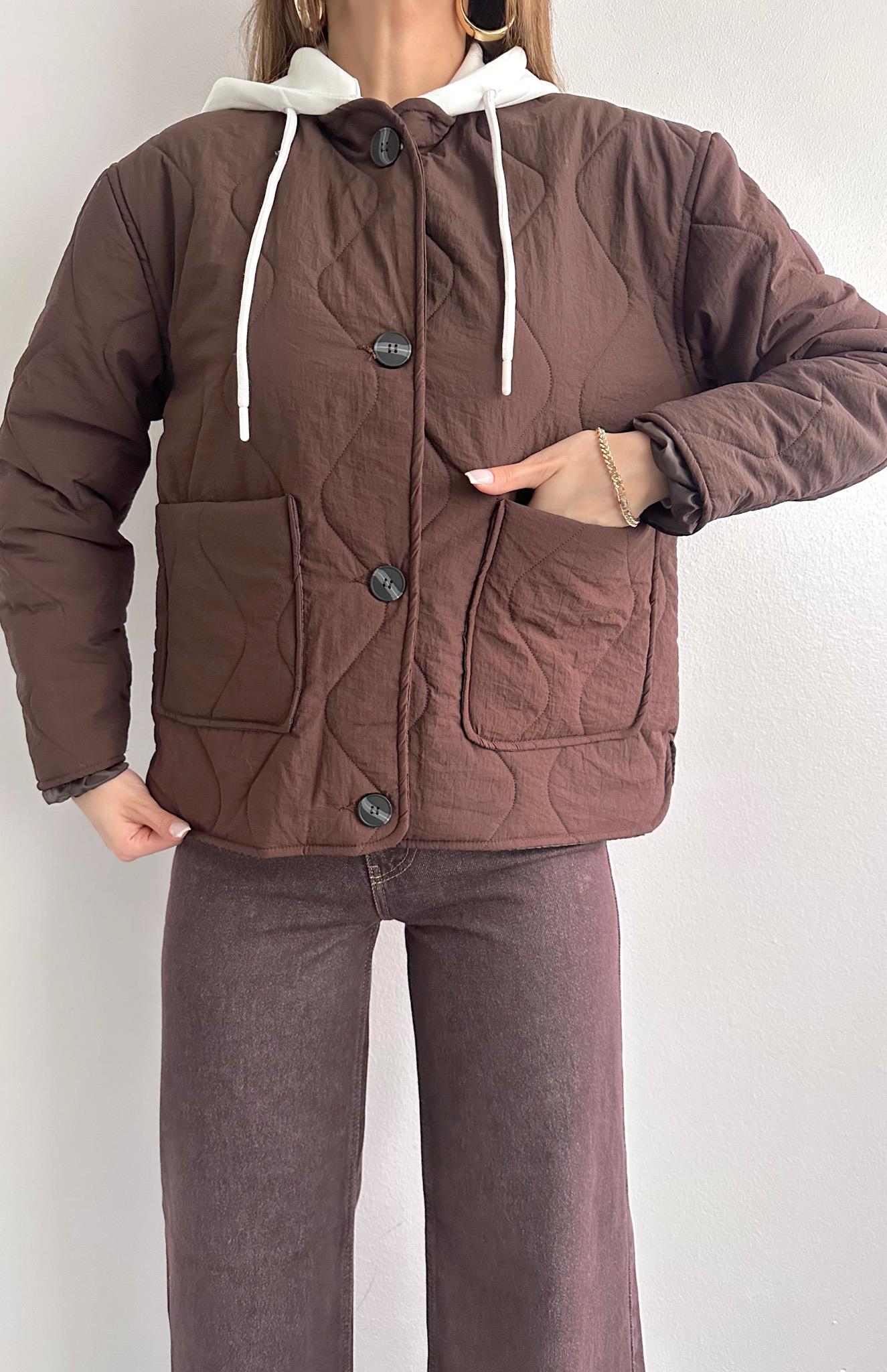 Düğmeli Kapitone Mont KAHVERENGİ