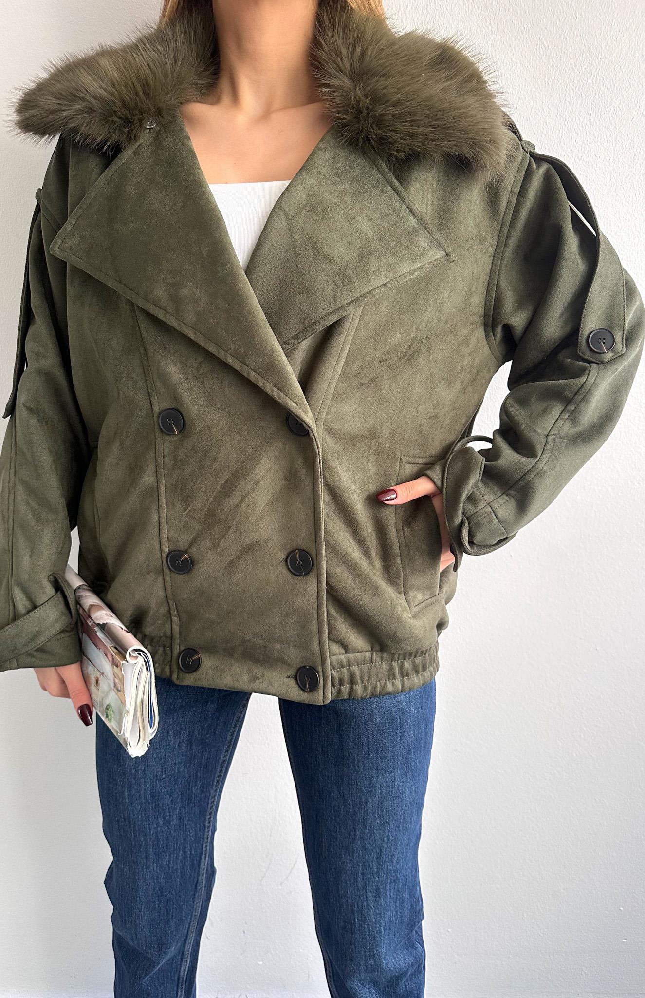 Yakası Kürklü Bomber Ceket HAKİ