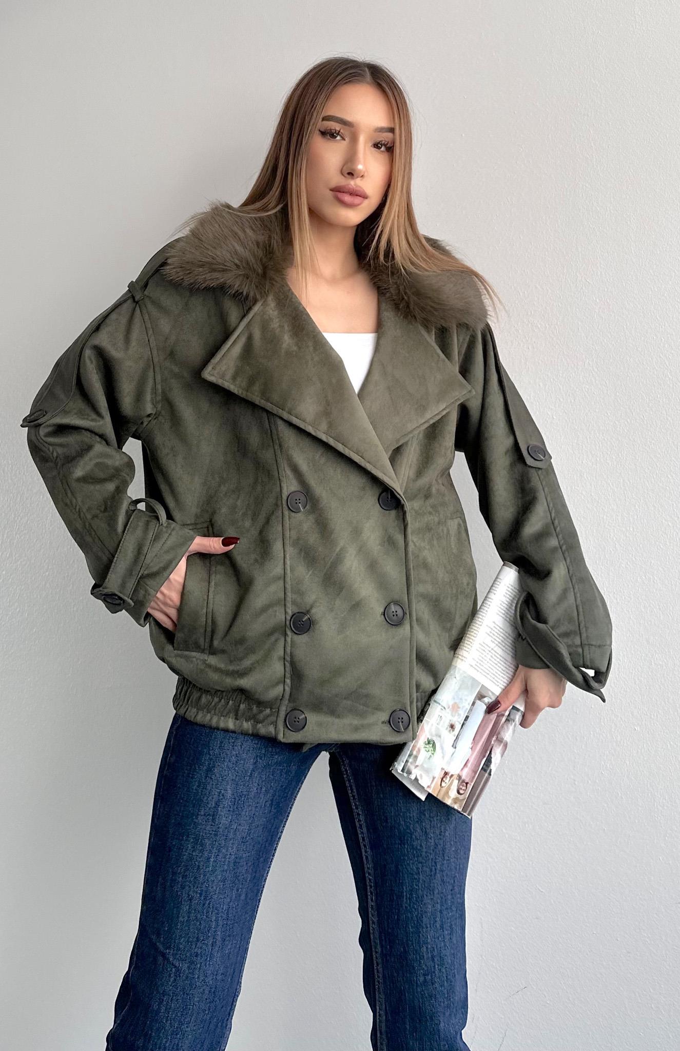 Yakası Kürklü Bomber Ceket HAKİ