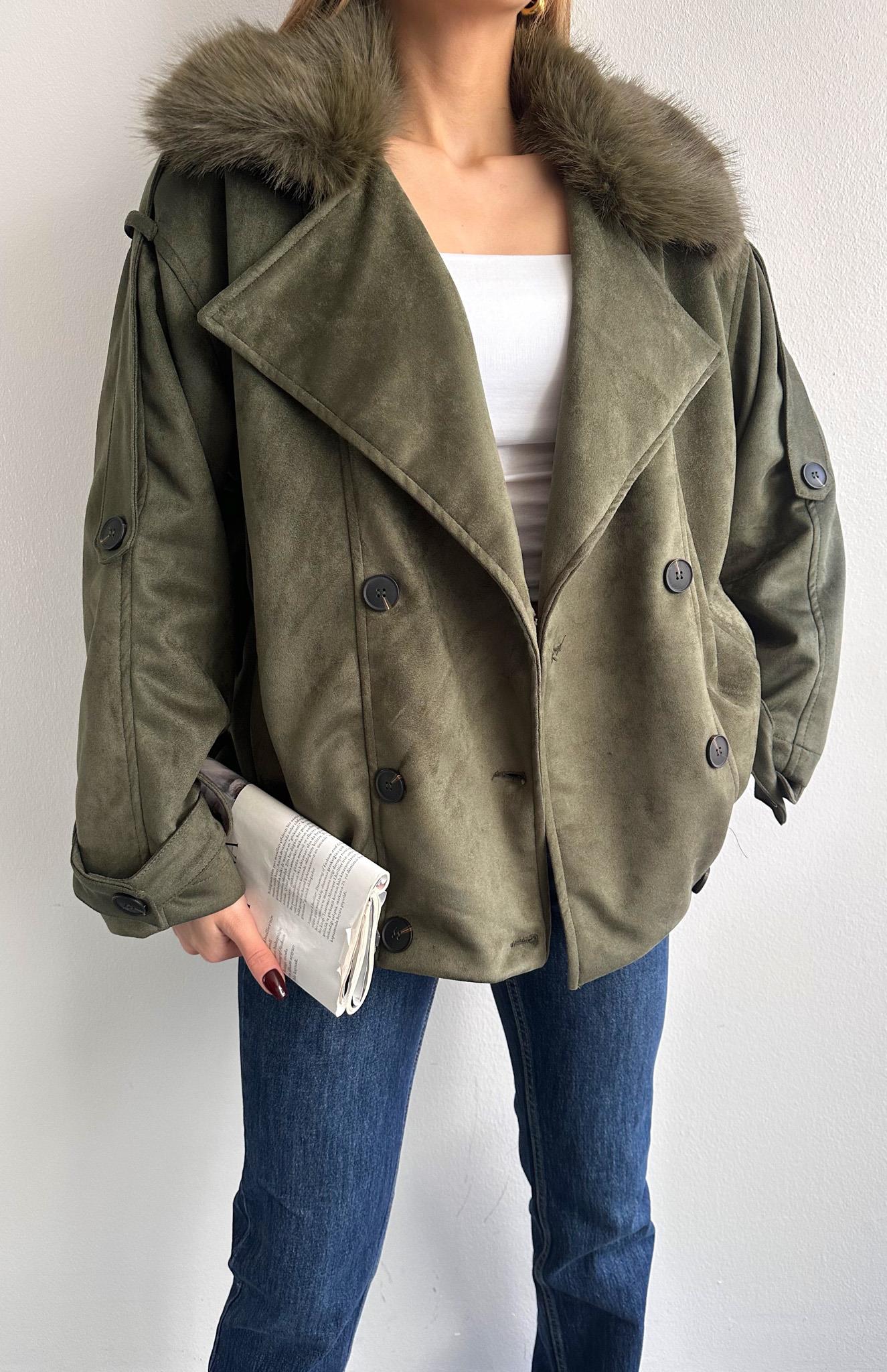 Yakası Kürklü Bomber Ceket HAKİ