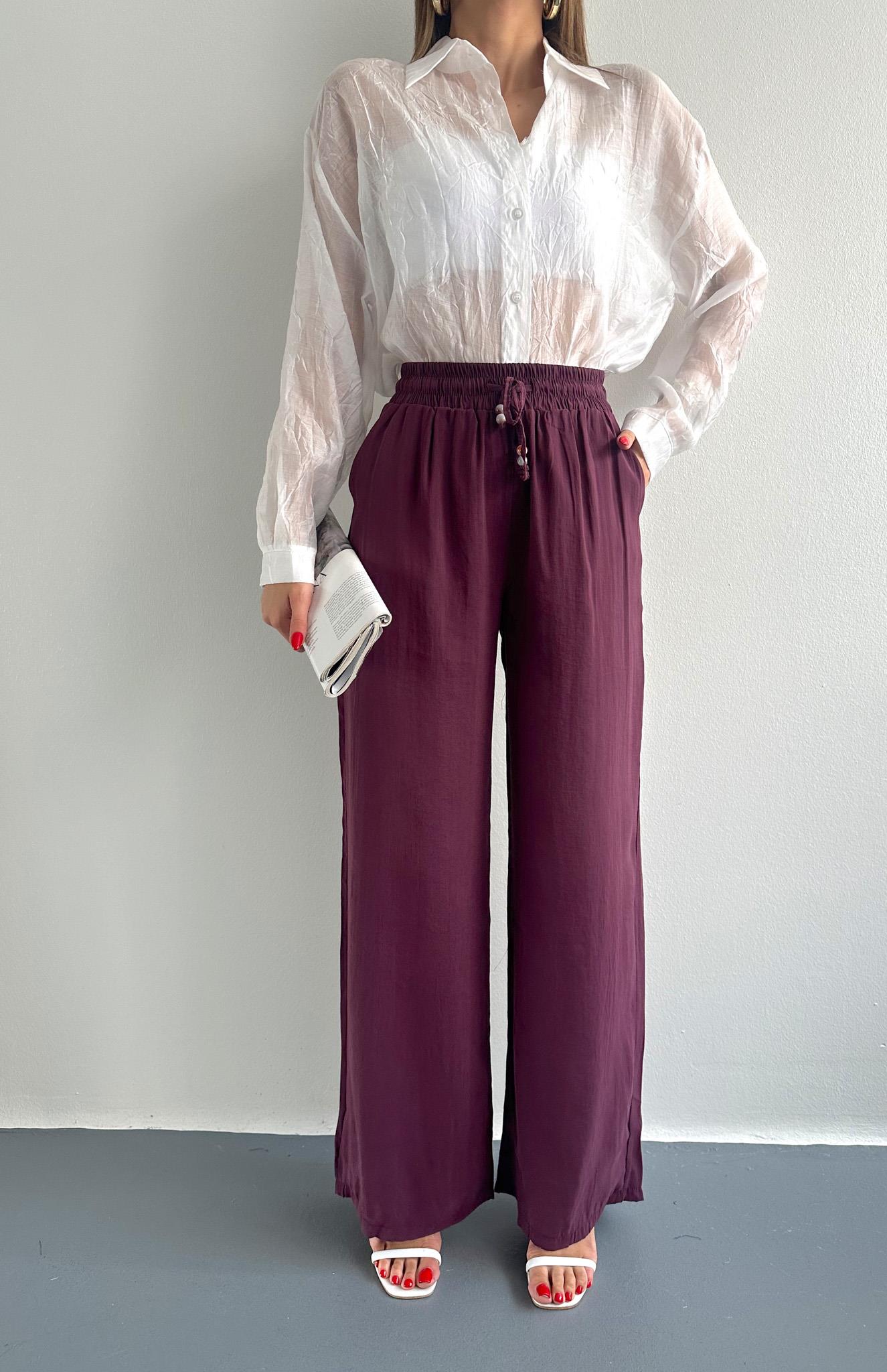 Beli Lastikli Bağcık  Detaylı Pantolon MÜRDÜM