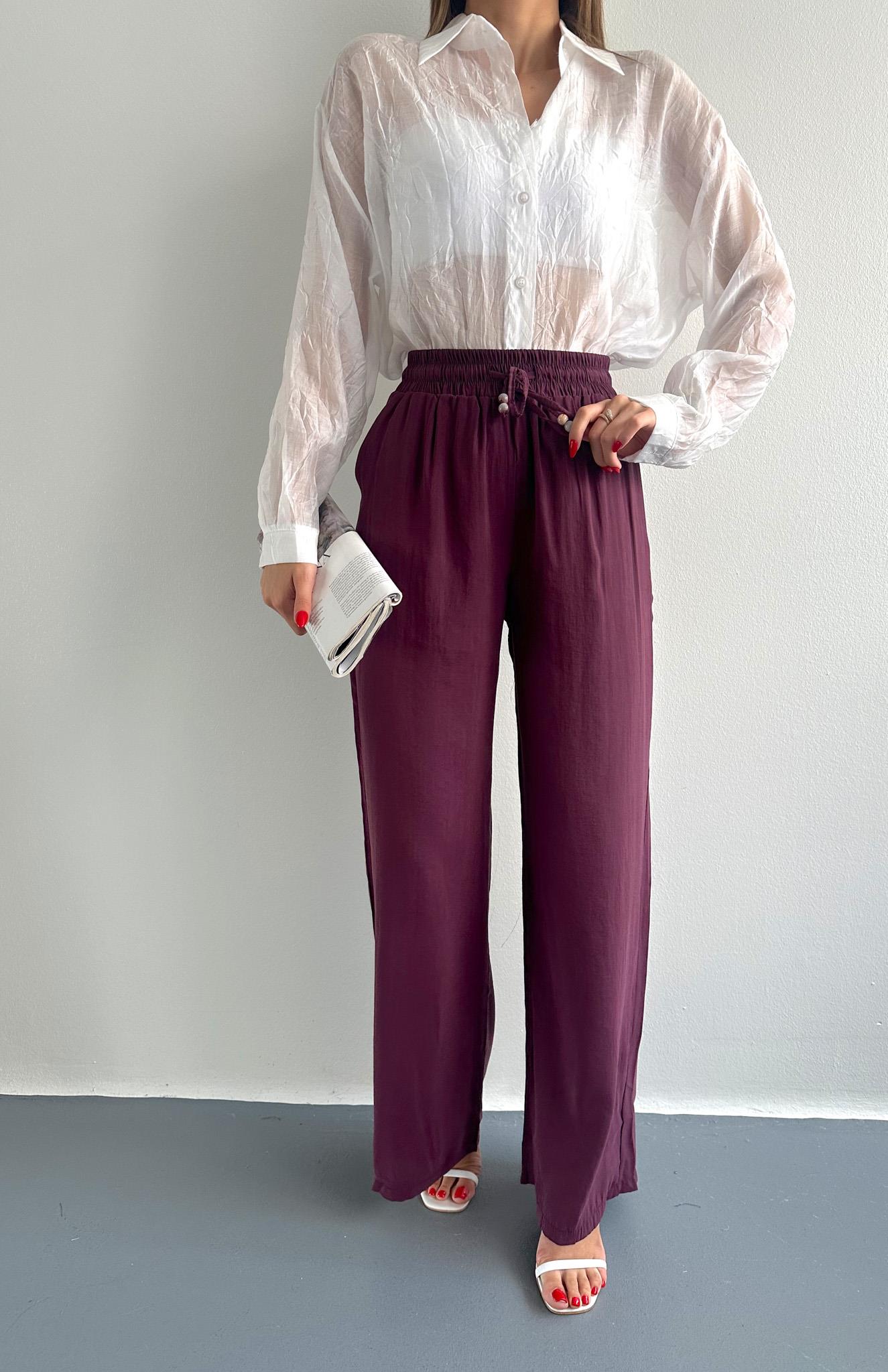 Beli Lastikli Bağcık  Detaylı Pantolon MÜRDÜM