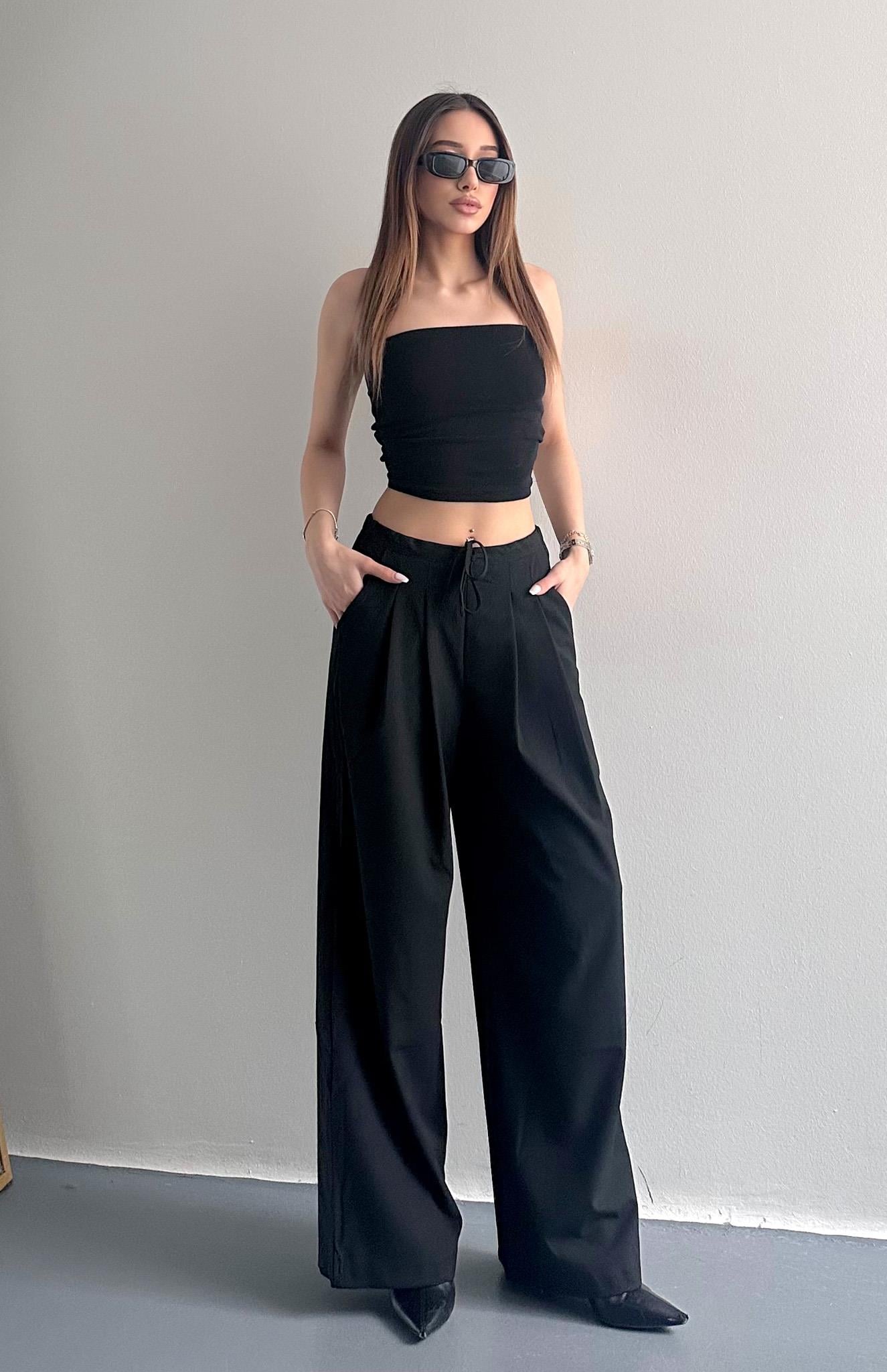 Çift Pileli Beli İpli Bol Pantolon SİYAH