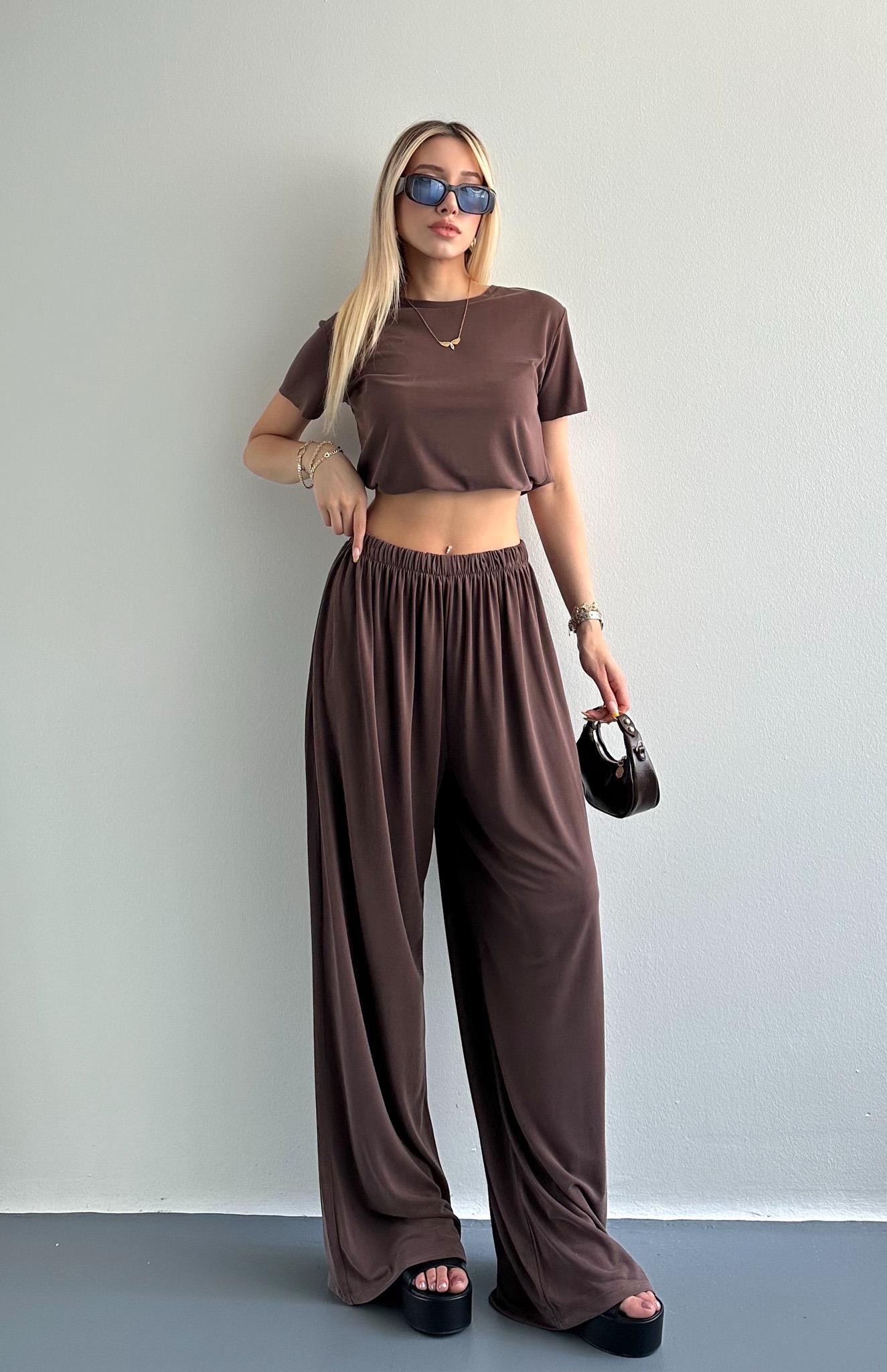 Dikişsiz Beli Lastikli Geniş Paça Pantolon KAHVERENGİ