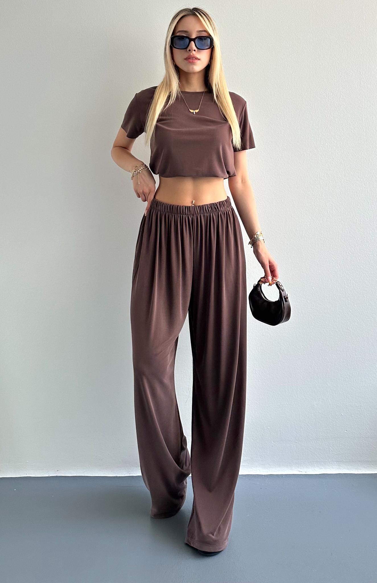 Dikişsiz Beli Lastikli Geniş Paça Pantolon KAHVERENGİ