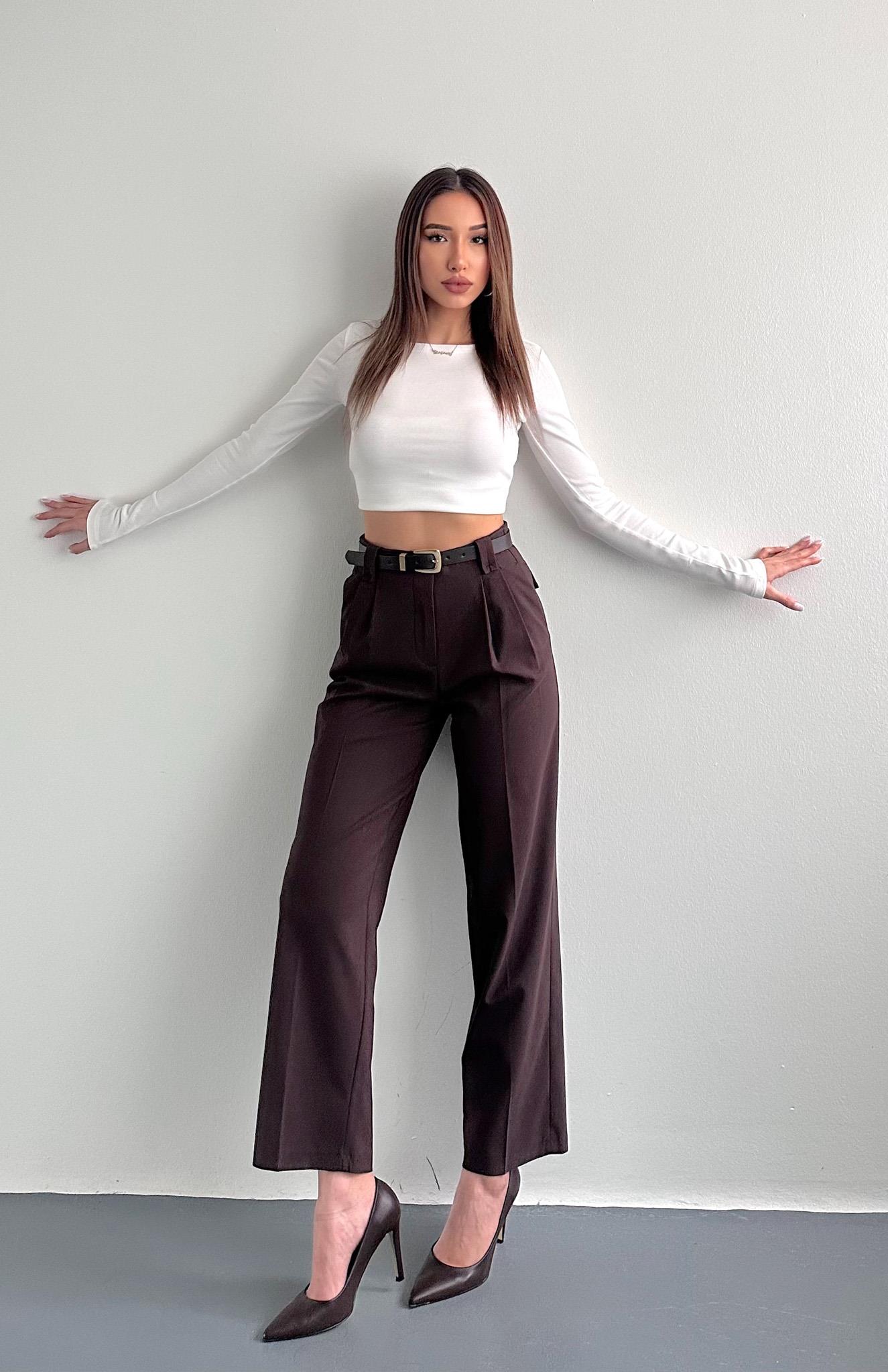 Kemerli Cep Kapaklı Yüksek Bel Pantolon KAHVERENGİ