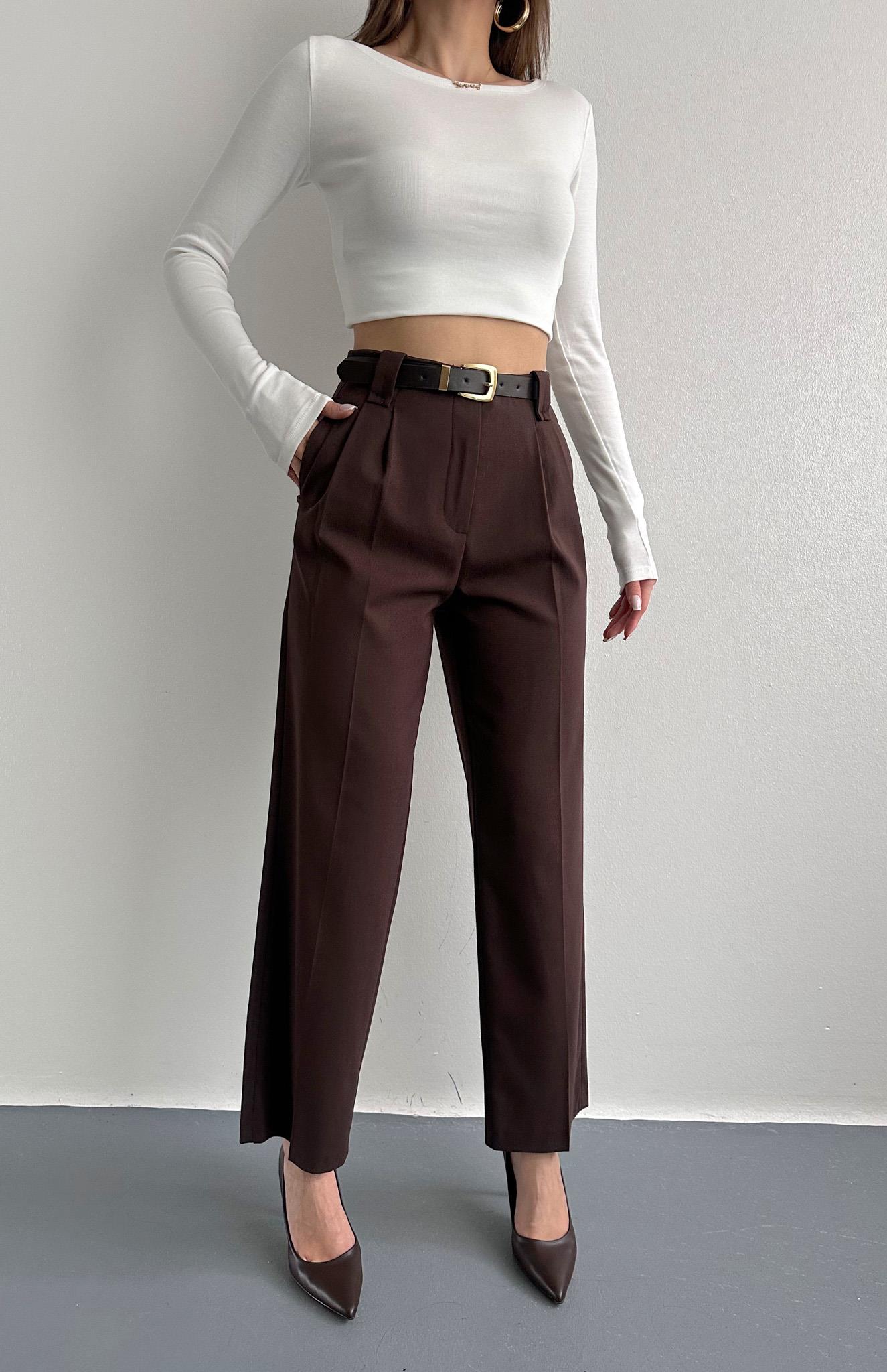 Kemerli Cep Kapaklı Yüksek Bel Pantolon KAHVERENGİ