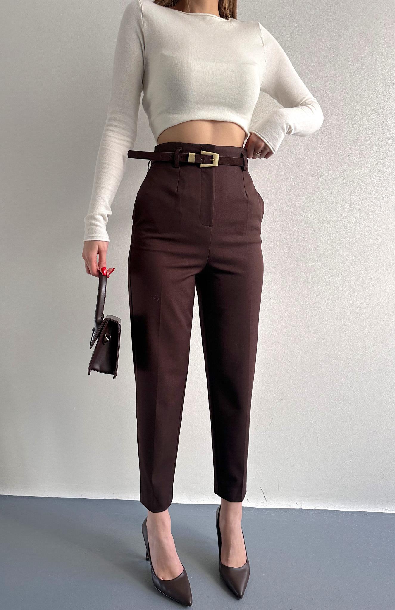 Kemerli Yüksek Bel Pantolon KAHVERENGİ