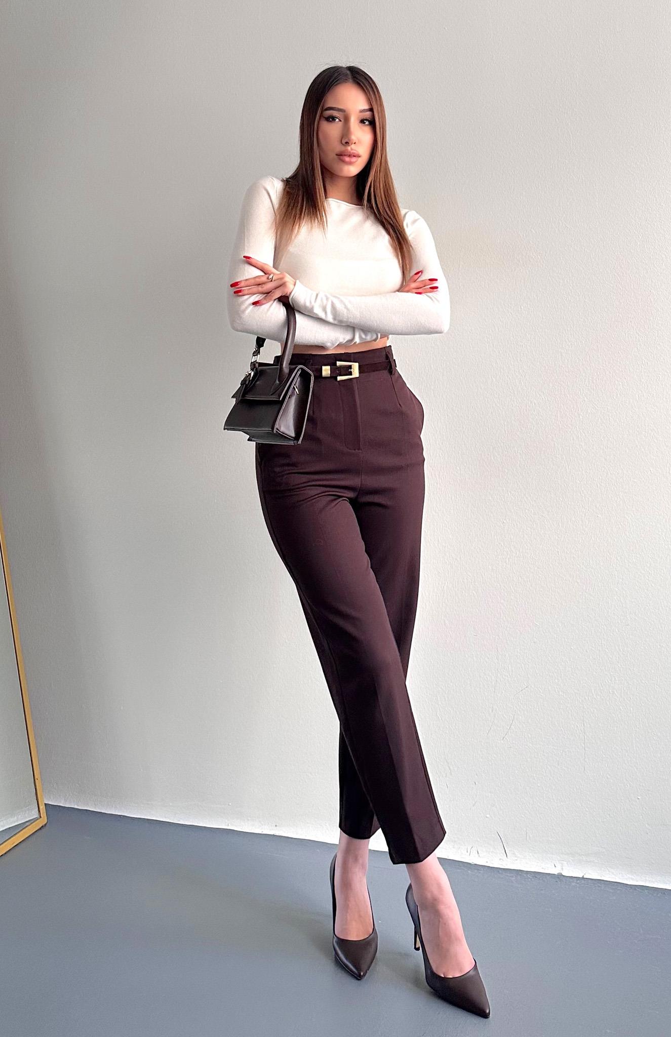 Kemerli Yüksek Bel Pantolon KAHVERENGİ