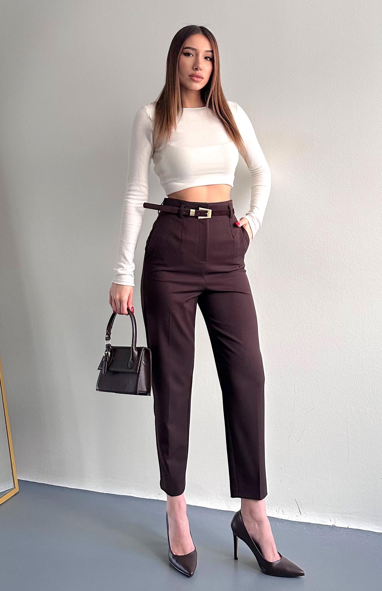Kemerli Yüksek Bel Pantolon KAHVERENGİ
