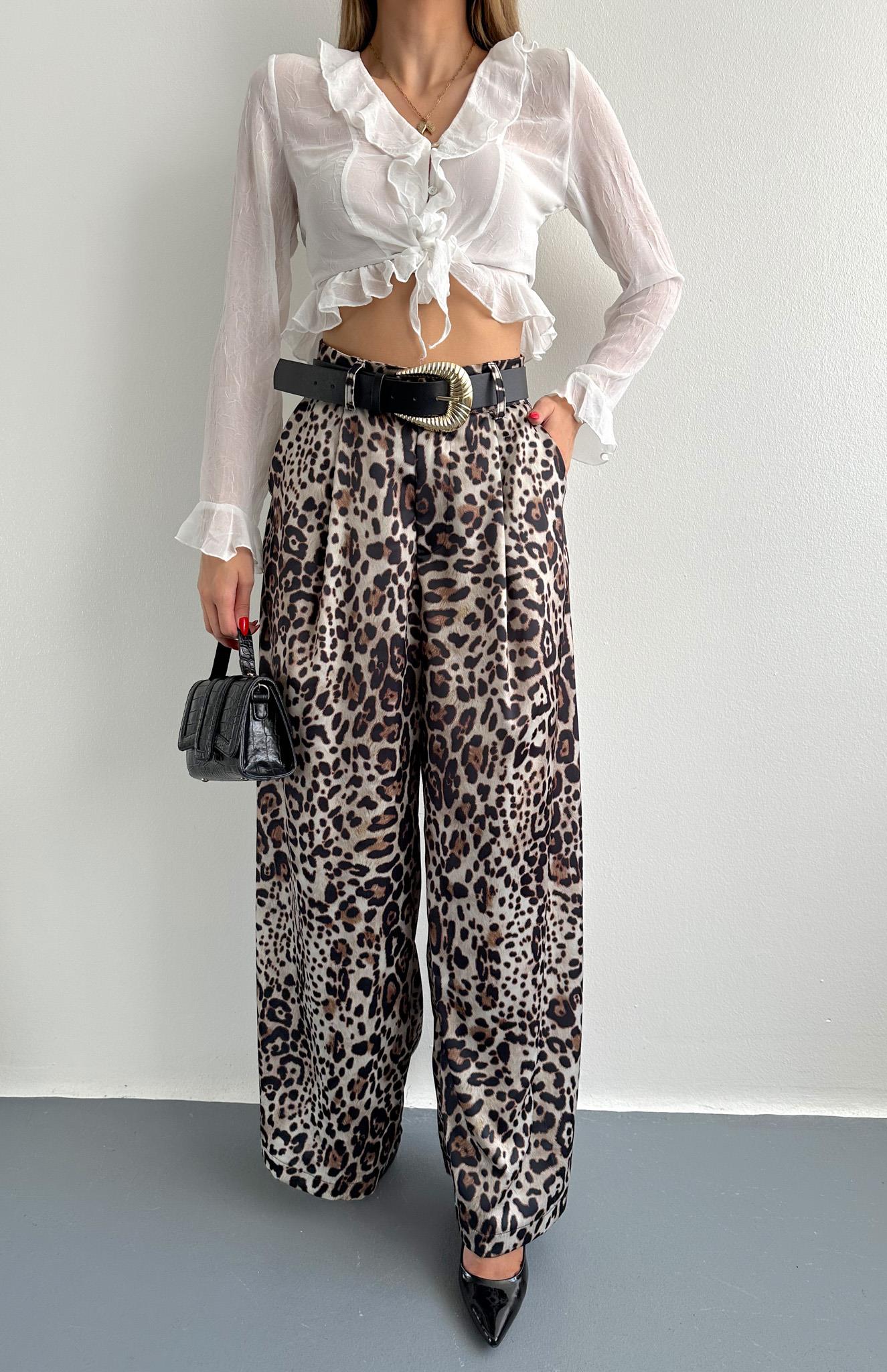 Leopar Desen Saten Pantolon BEJ