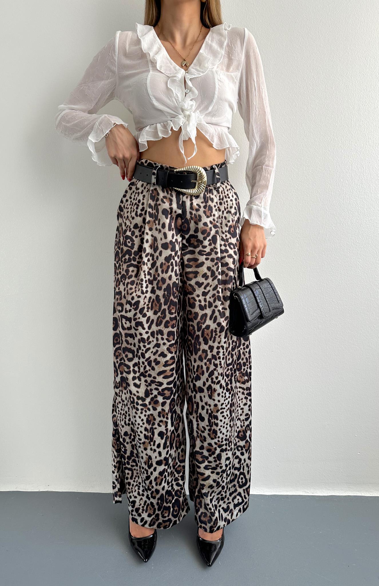 Leopar Desen Saten Pantolon BEJ