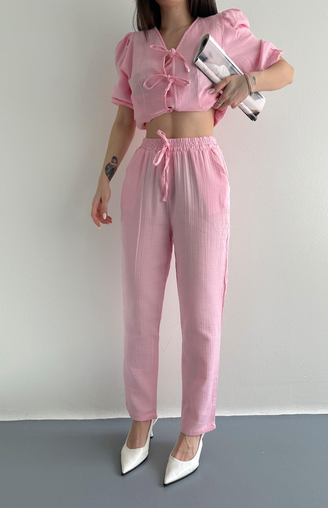 Müslin Salaş Bel Lastikli Pantolon PEMBE