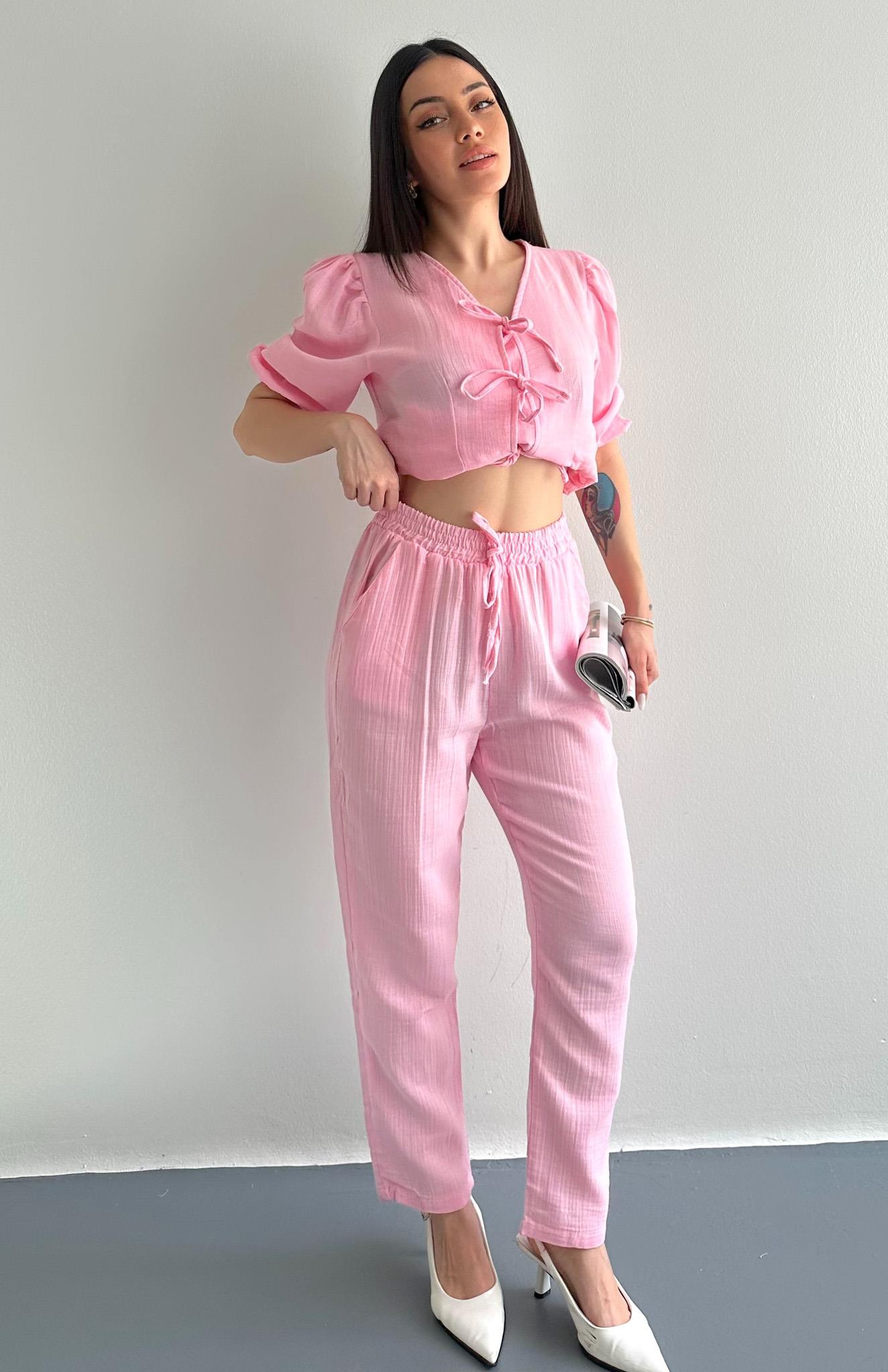 Müslin Salaş Bel Lastikli Pantolon PEMBE