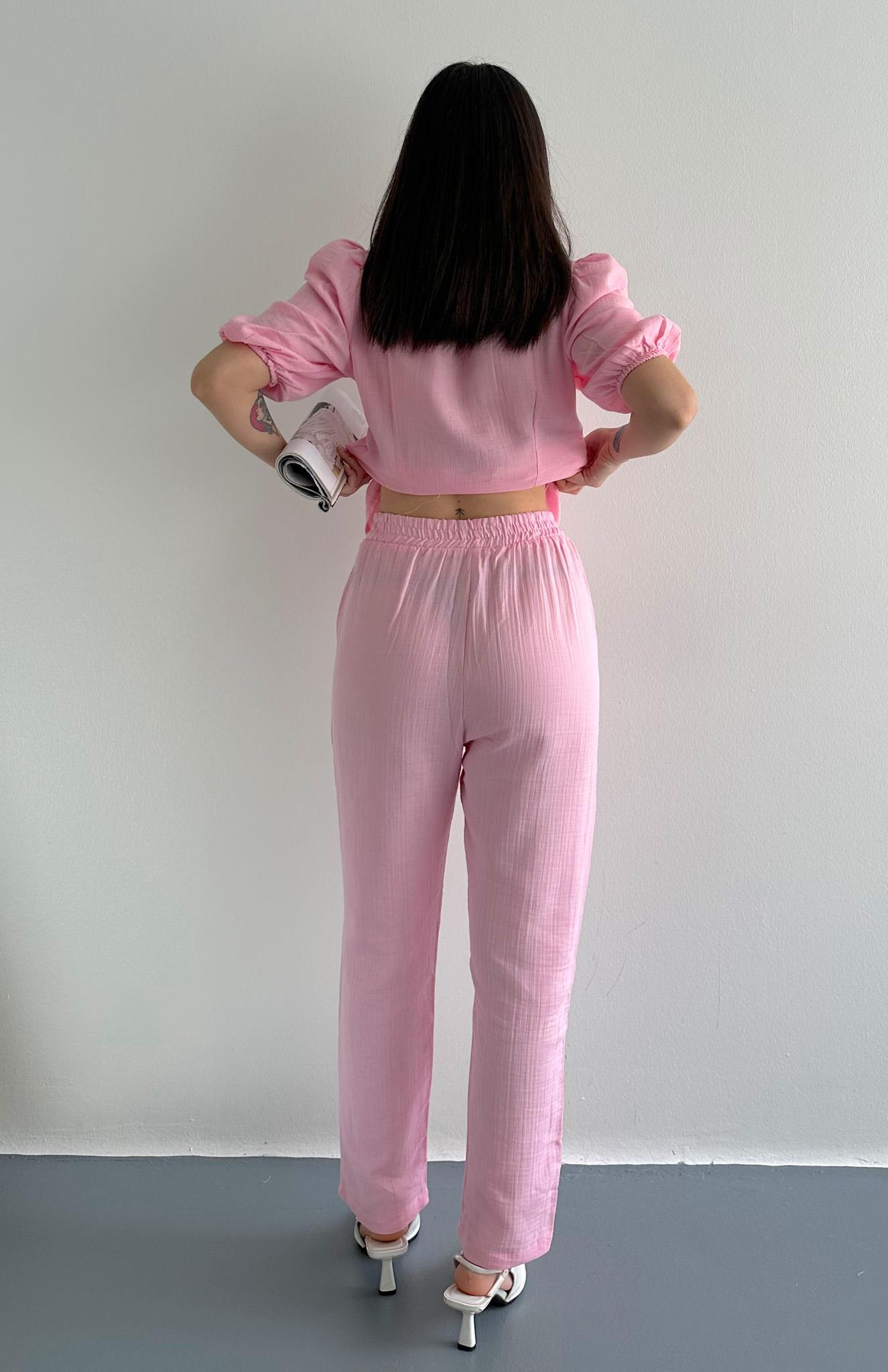 Müslin Salaş Bel Lastikli Pantolon PEMBE