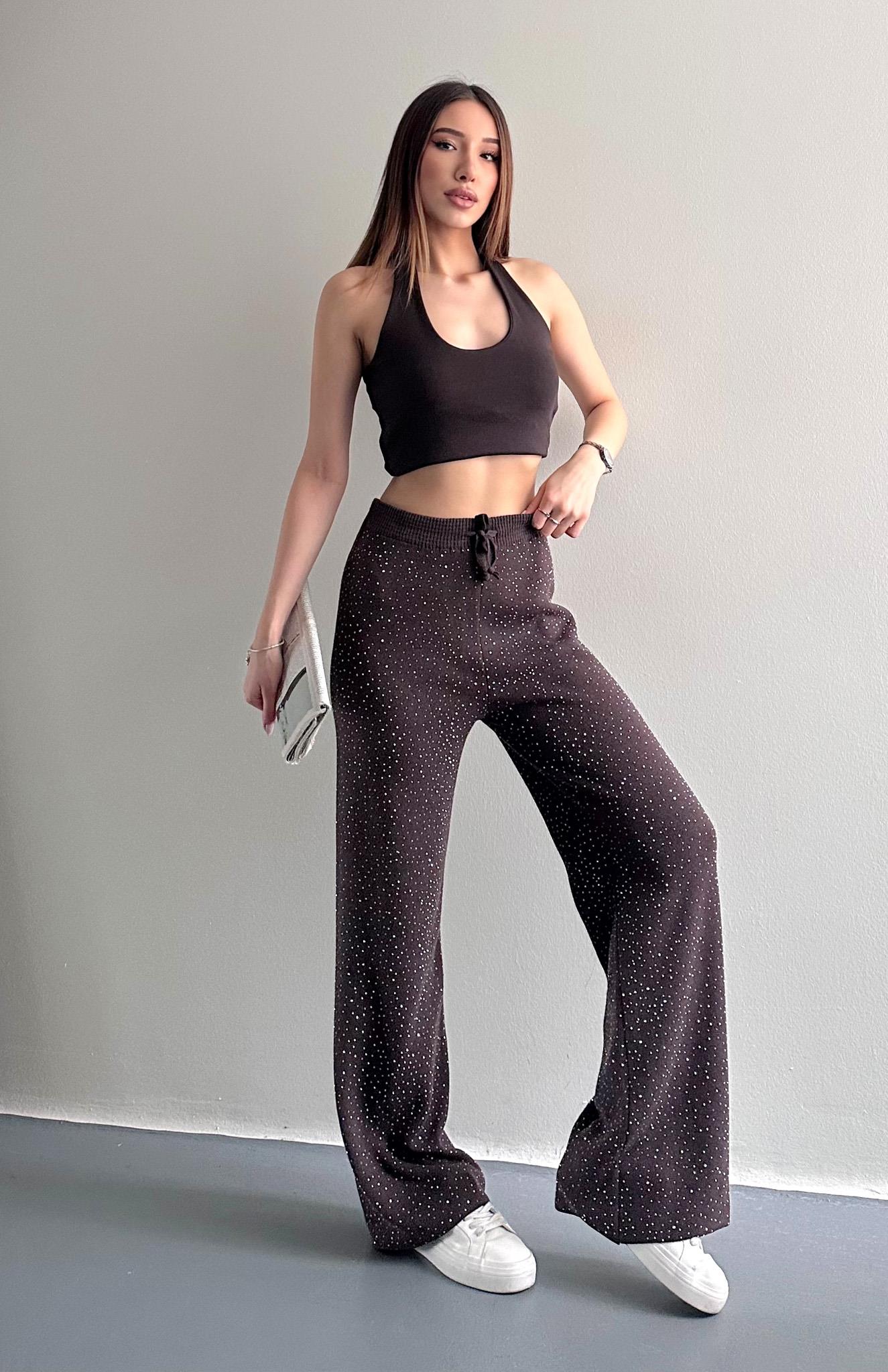 Parlak Taşlı Triko Pantolon KAHVERENGİ