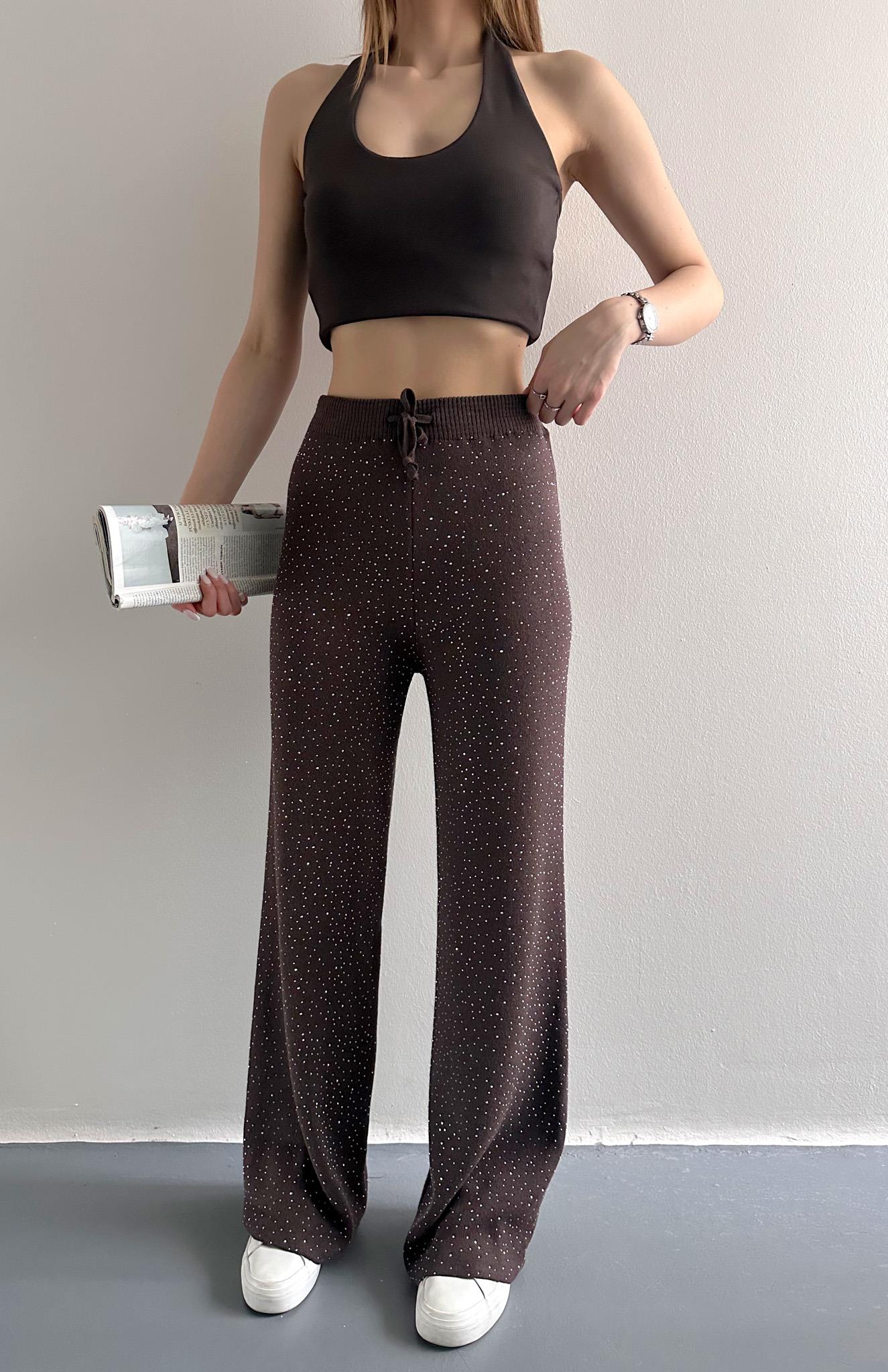 Parlak Taşlı Triko Pantolon KAHVERENGİ