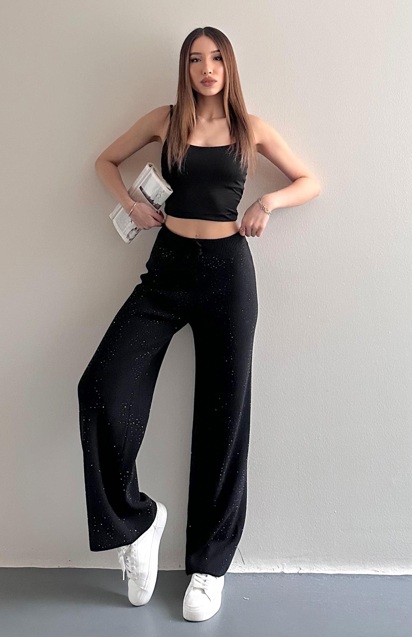 Parlak Taşlı Triko Pantolon SİYAH