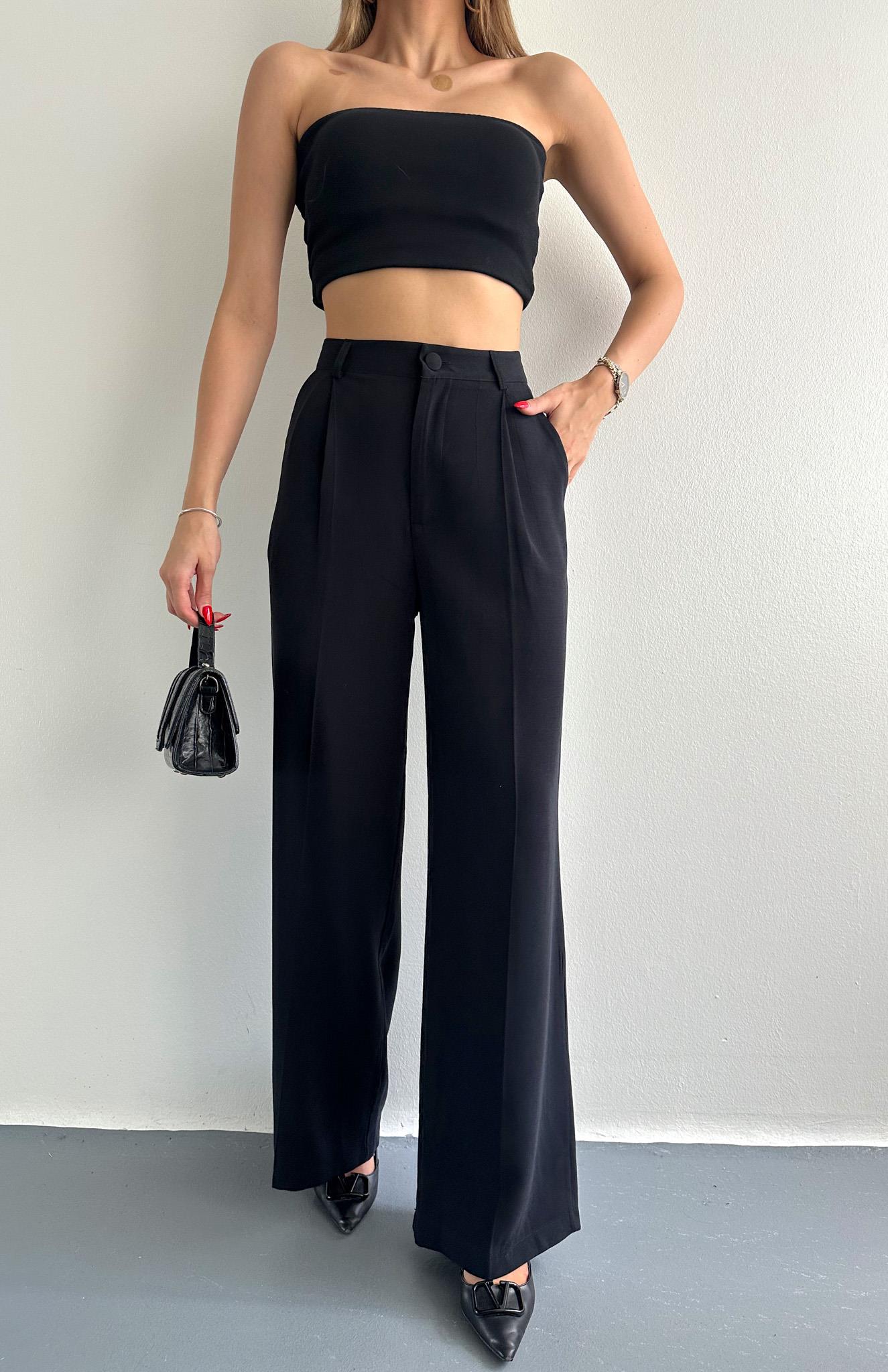 Pileli Bol Paça Pantolon SİYAH