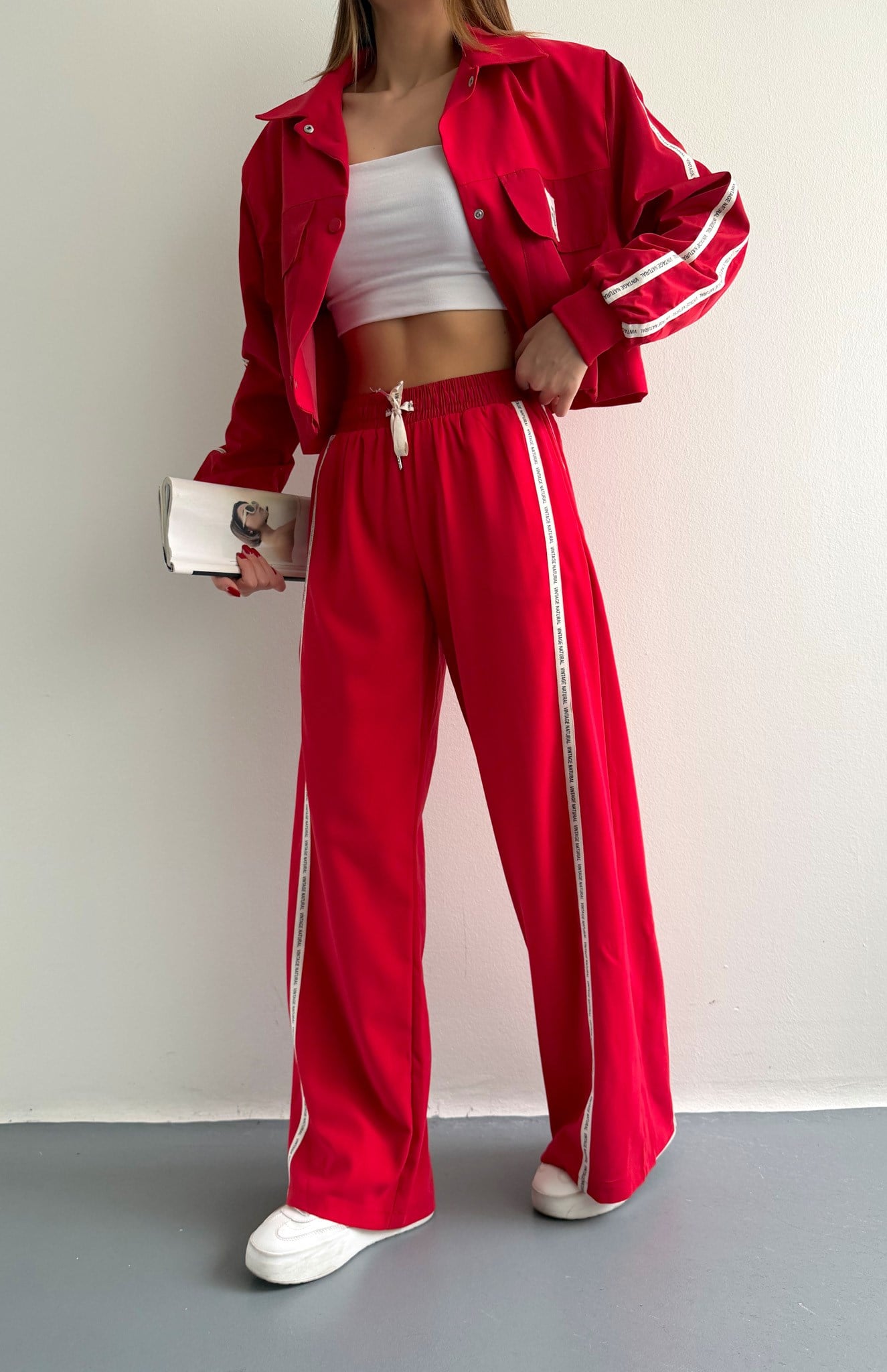 Şerit Detaylı Pantolon KIRMIZI