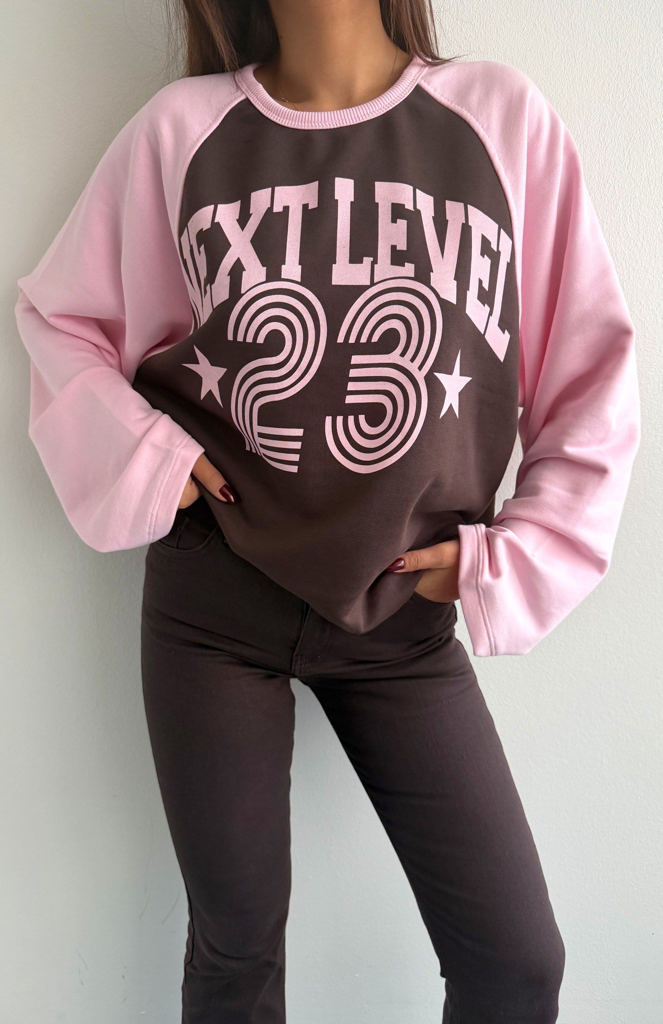 2 Renkli Önü Yazılı Sweatshırt KAHVERENGİ