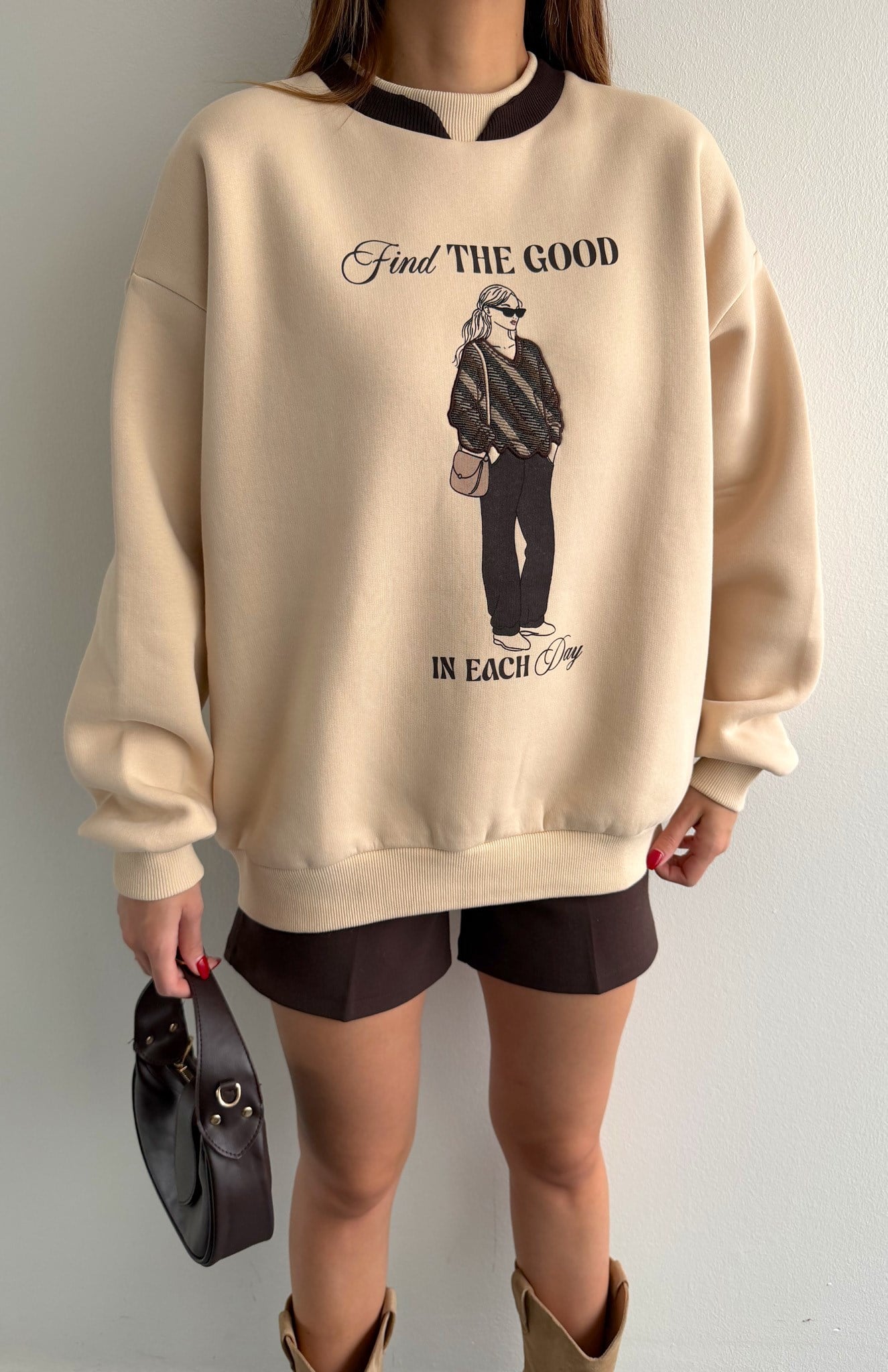 Baskı Detaylı Sweatshırt BEJ