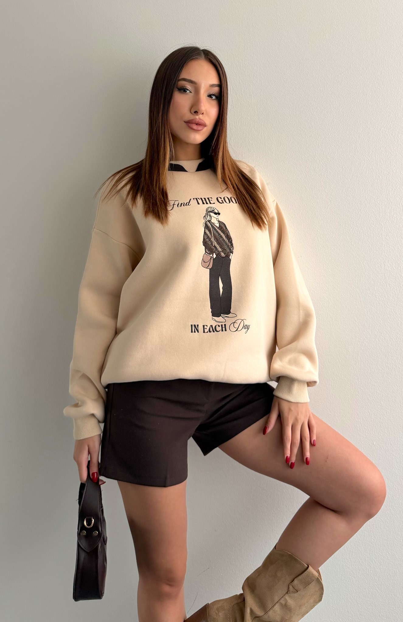 Baskı Detaylı Sweatshırt BEJ
