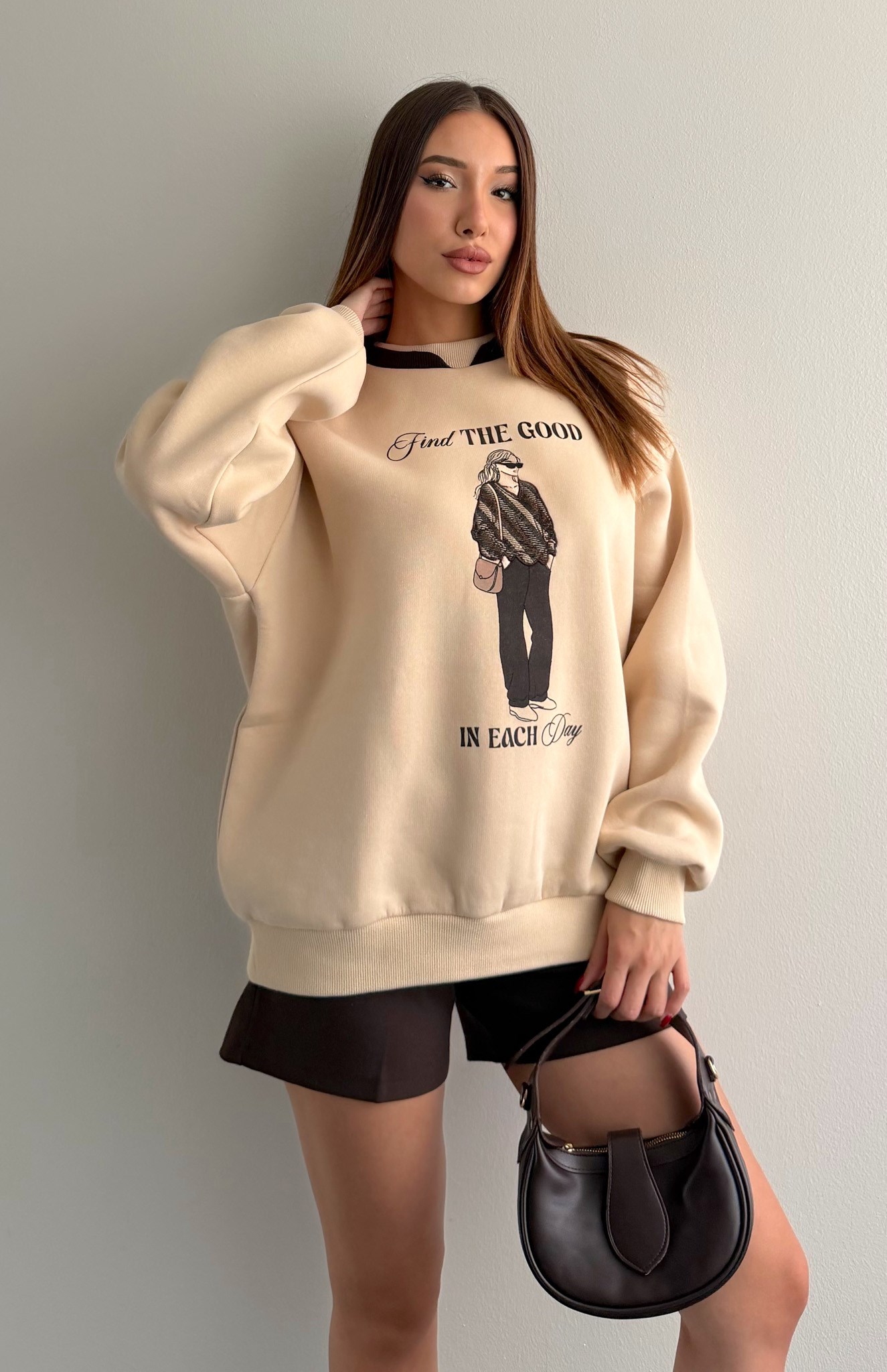 Baskı Detaylı Sweatshırt BEJ