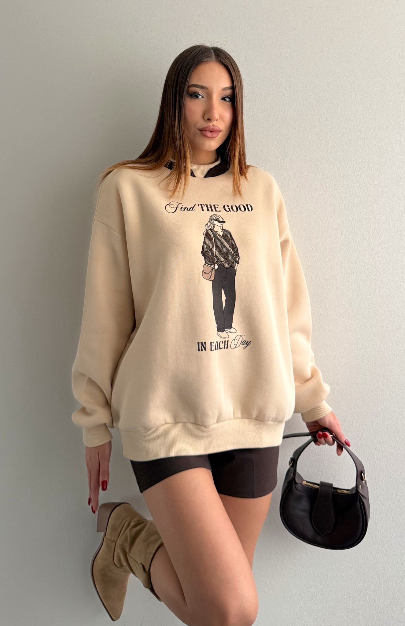 Baskı Detaylı Sweatshırt BEJ