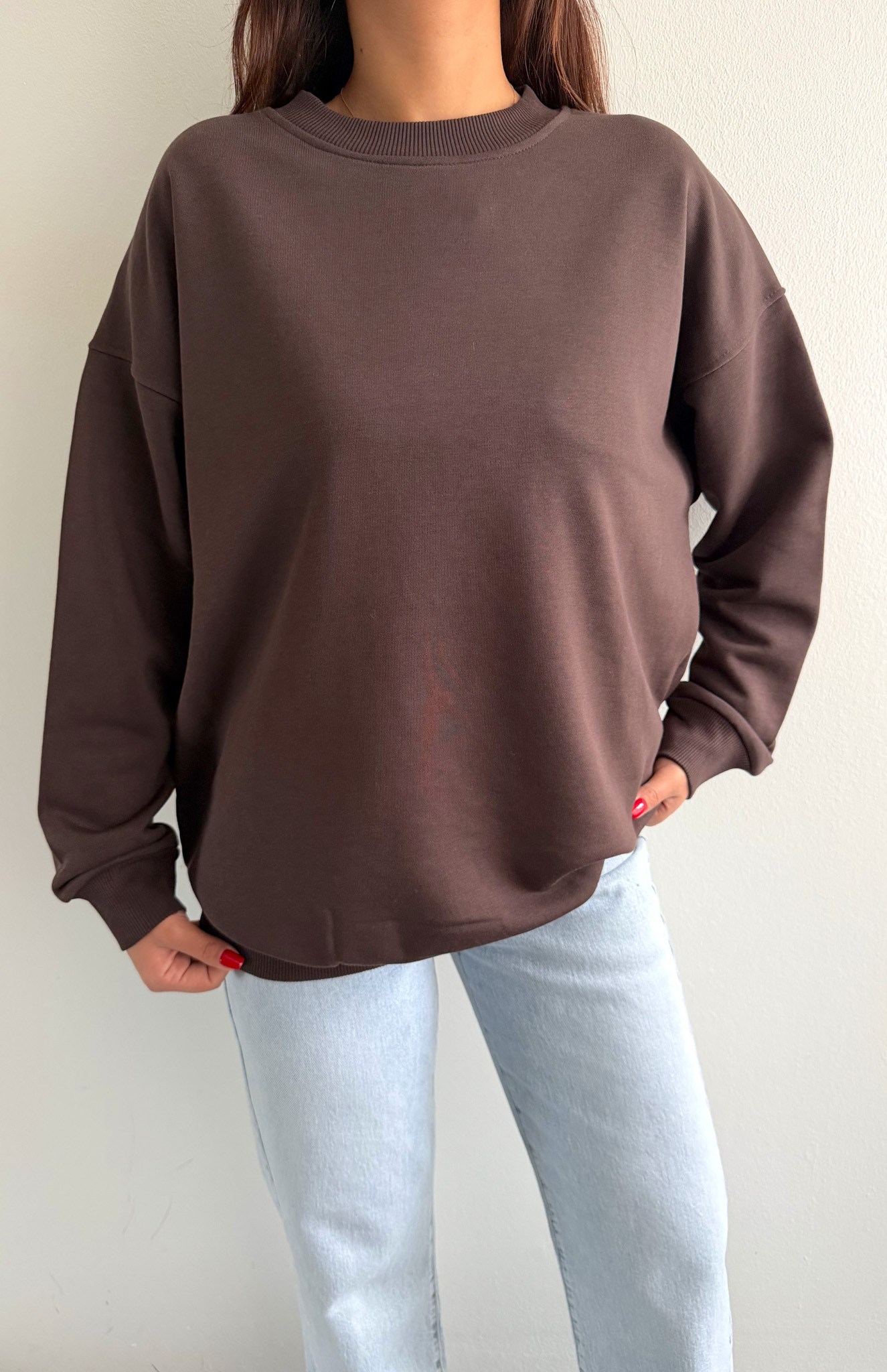 Bisiklet Yaka Oversize Sweatshırt KAHVERENGİ