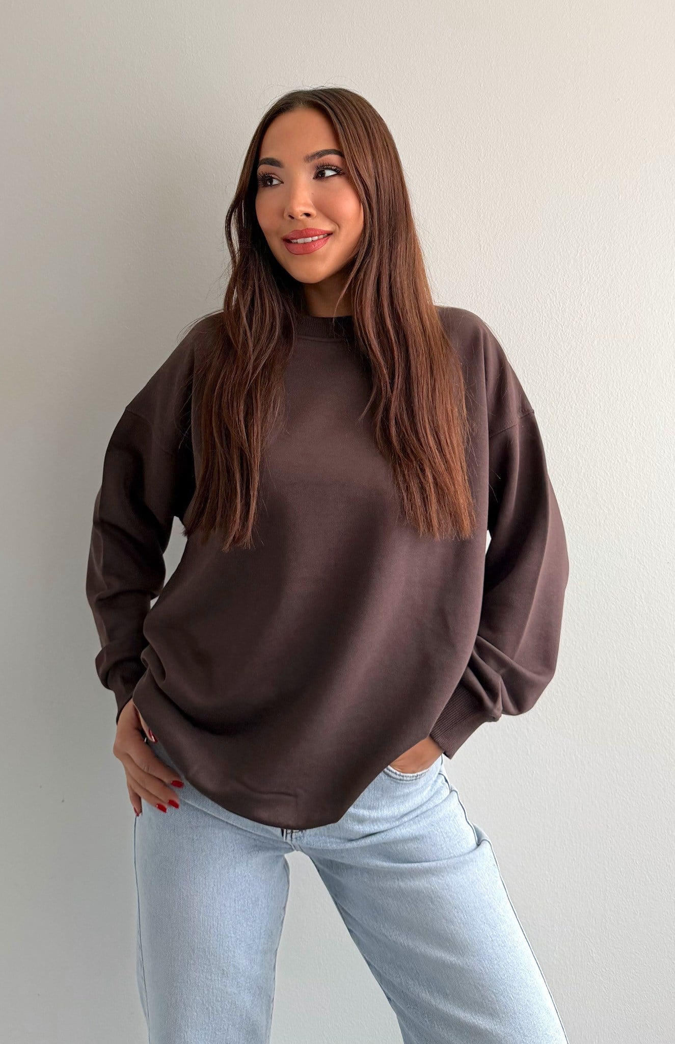 Bisiklet Yaka Oversize Sweatshırt KAHVERENGİ